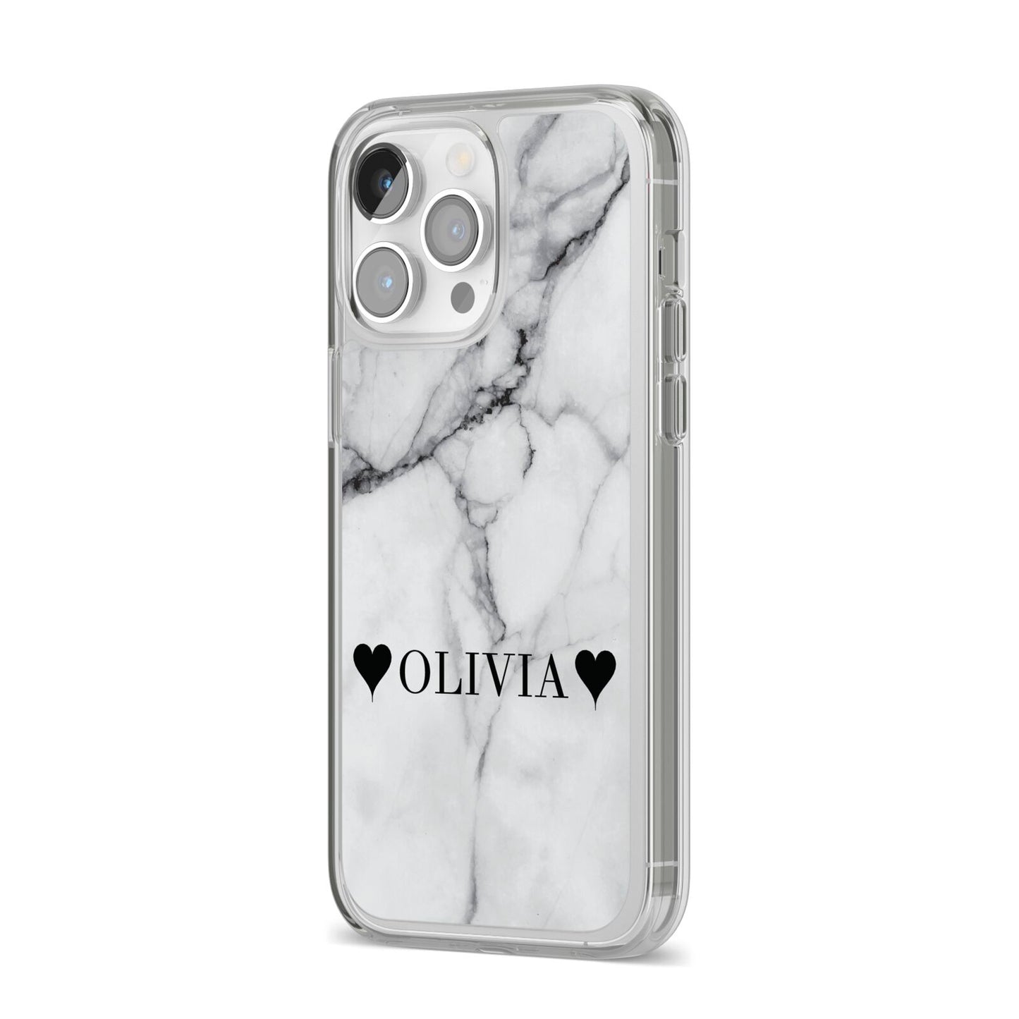 Personalised Love Hearts Marble Name iPhone 14 Pro Max Clear Tough Case Silver Angled Image