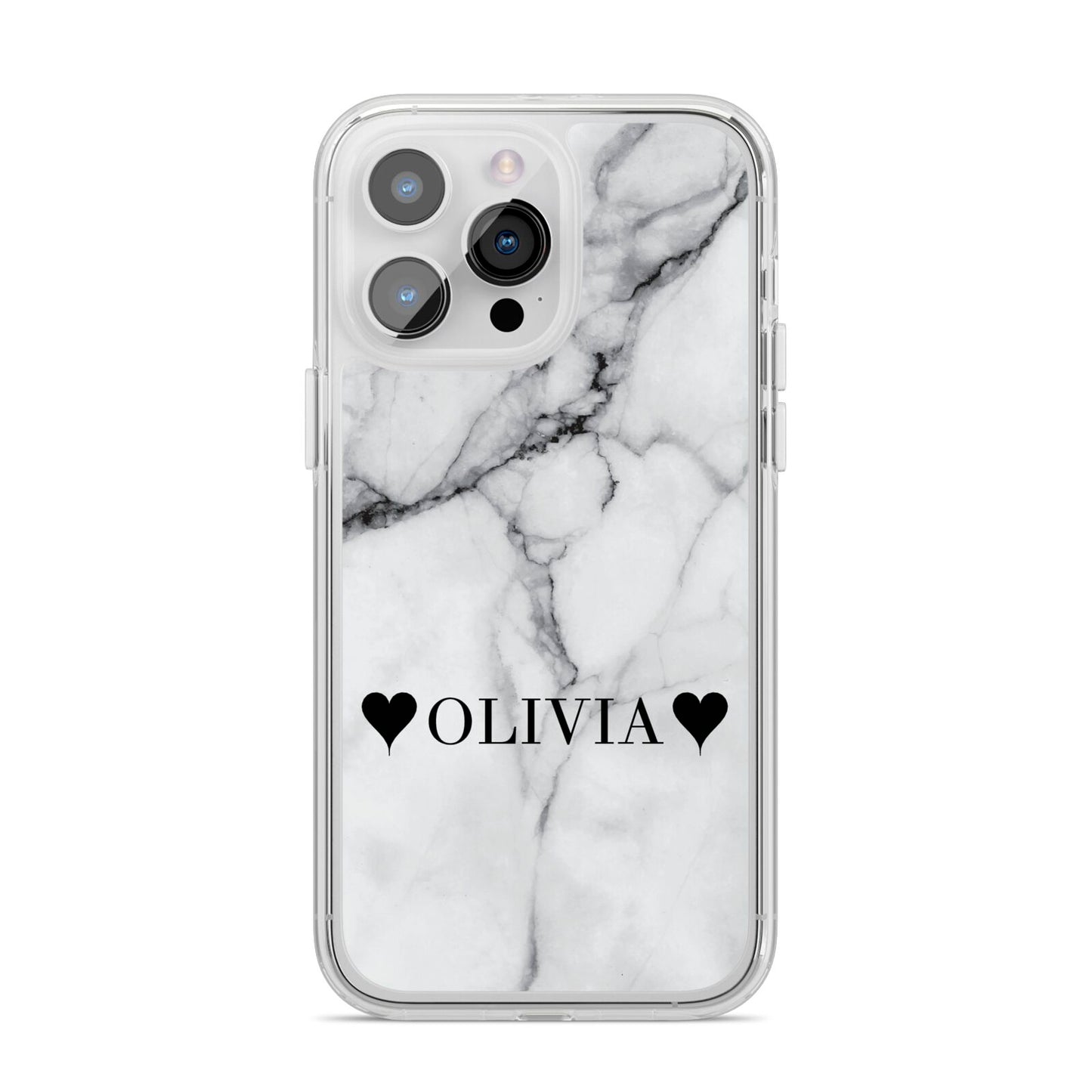 Personalised Love Hearts Marble Name iPhone 14 Pro Max Clear Tough Case Silver