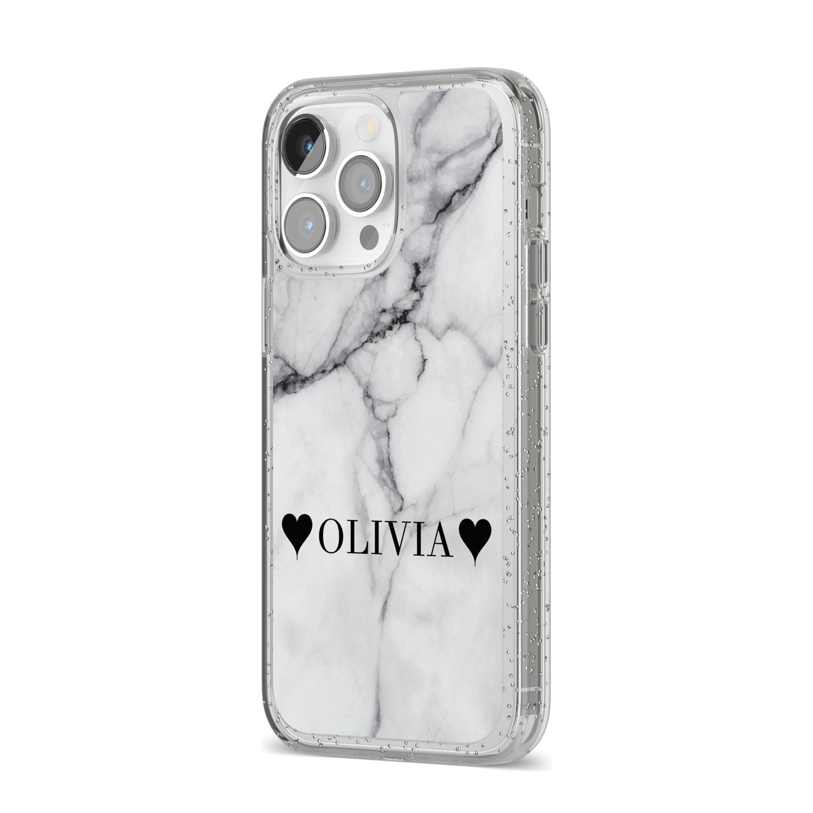 Personalised Love Hearts Marble Name iPhone 14 Pro Max Glitter Tough Case Silver Angled Image
