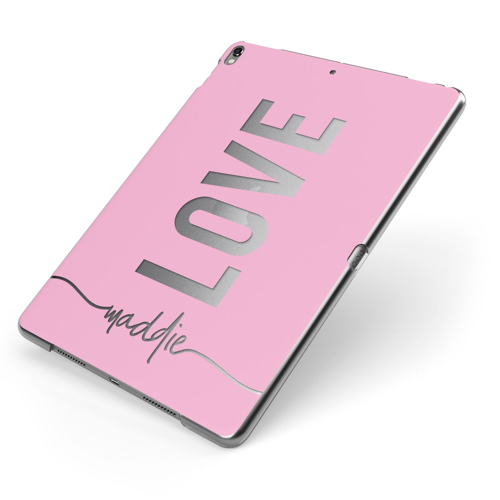 Personalised Love See Through Name Apple iPad Case on Grey iPad Side View