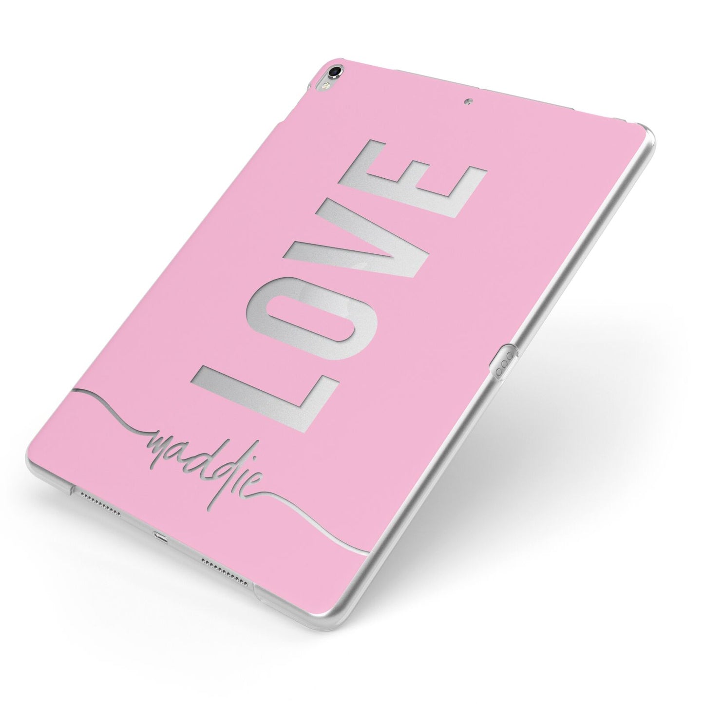 Personalised Love See Through Name Apple iPad Case on Silver iPad Side View