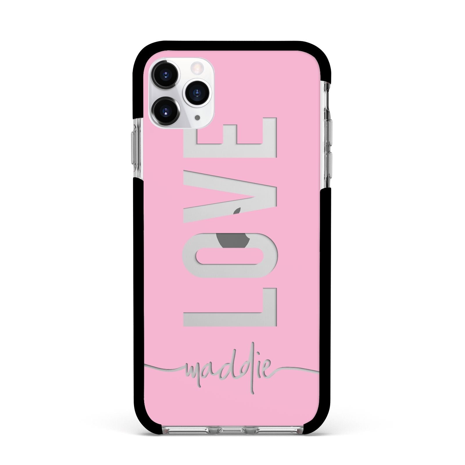 Personalised Love See Through Name Apple iPhone 11 Pro Max in Silver with Black Impact Case