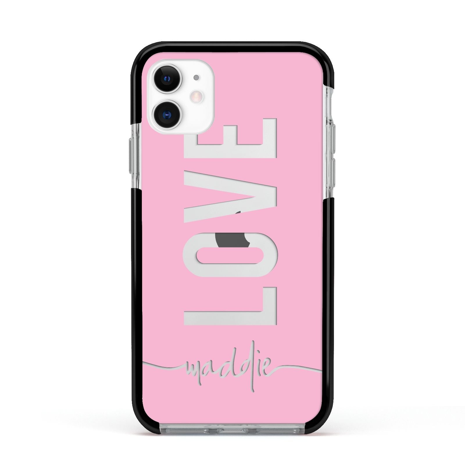 Personalised Love See Through Name Apple iPhone 11 in White with Black Impact Case