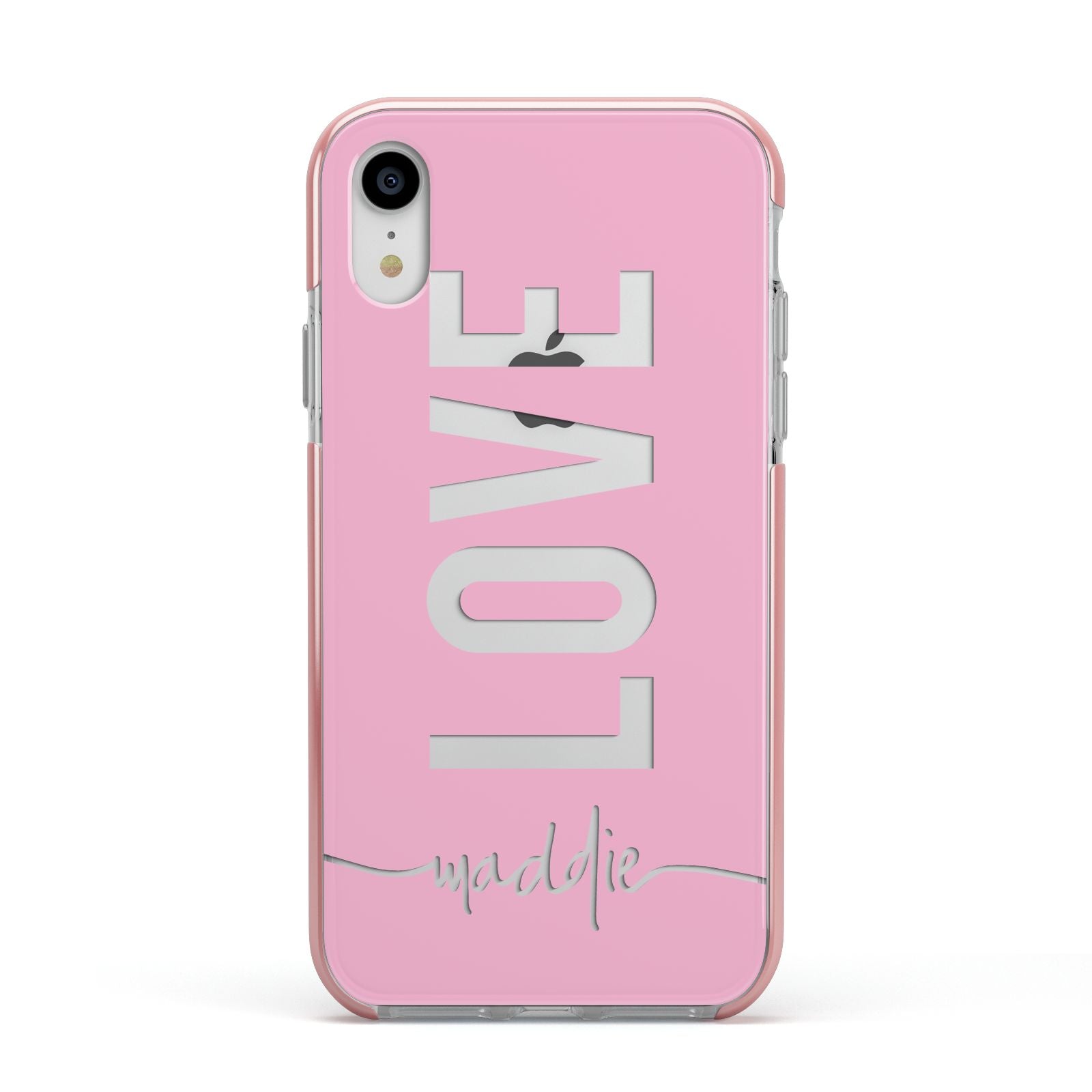 Personalised Love See Through Name Apple iPhone XR Impact Case Pink Edge on Silver Phone
