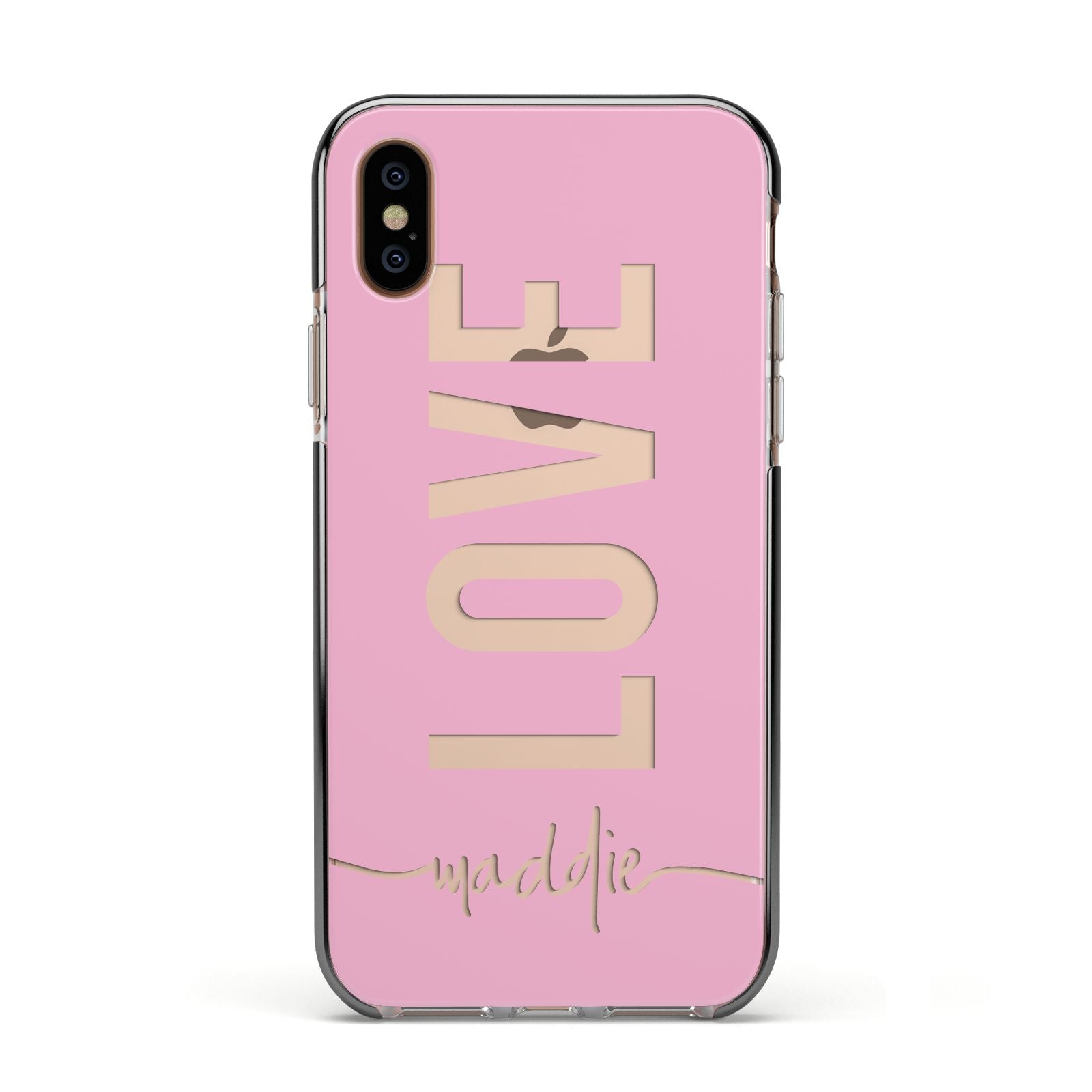 Personalised Love See Through Name Apple iPhone Xs Impact Case Black Edge on Gold Phone