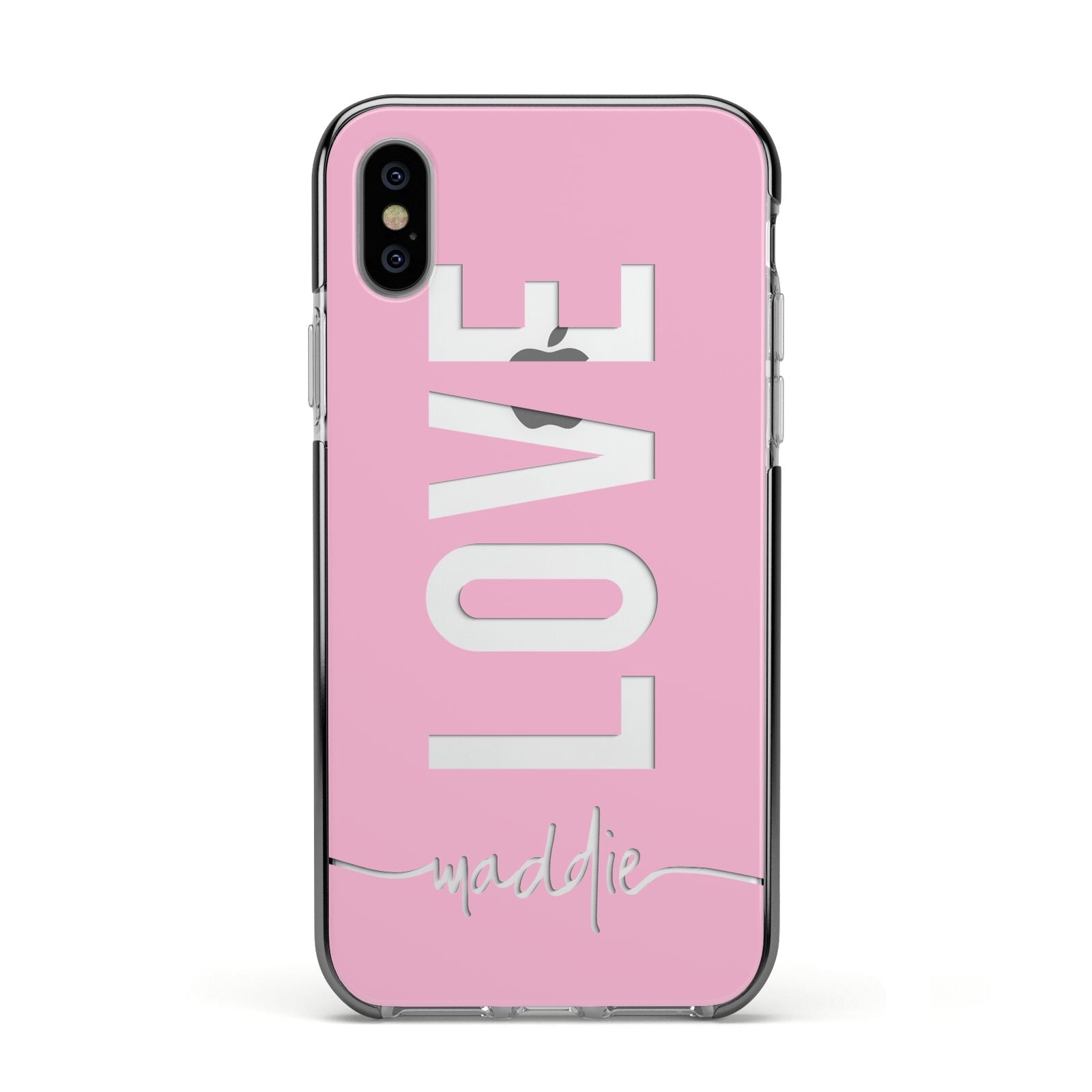 Personalised Love See Through Name Apple iPhone Xs Impact Case Black Edge on Silver Phone