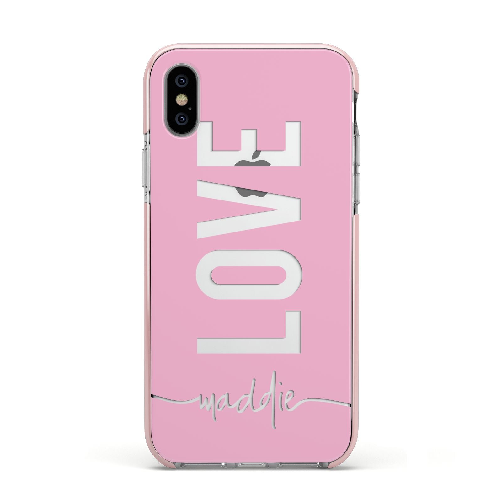 Personalised Love See Through Name Apple iPhone Xs Impact Case Pink Edge on Silver Phone