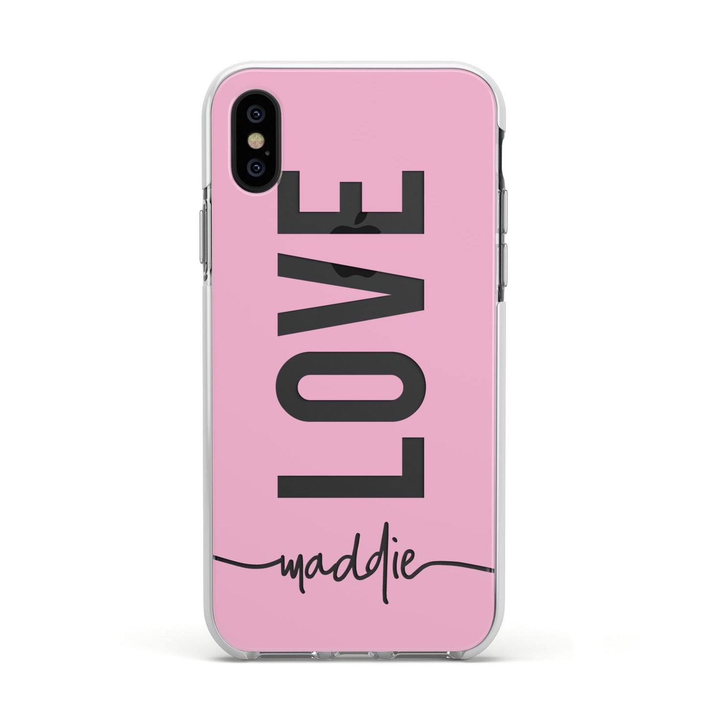 Personalised Love See Through Name Apple iPhone Xs Impact Case White Edge on Black Phone
