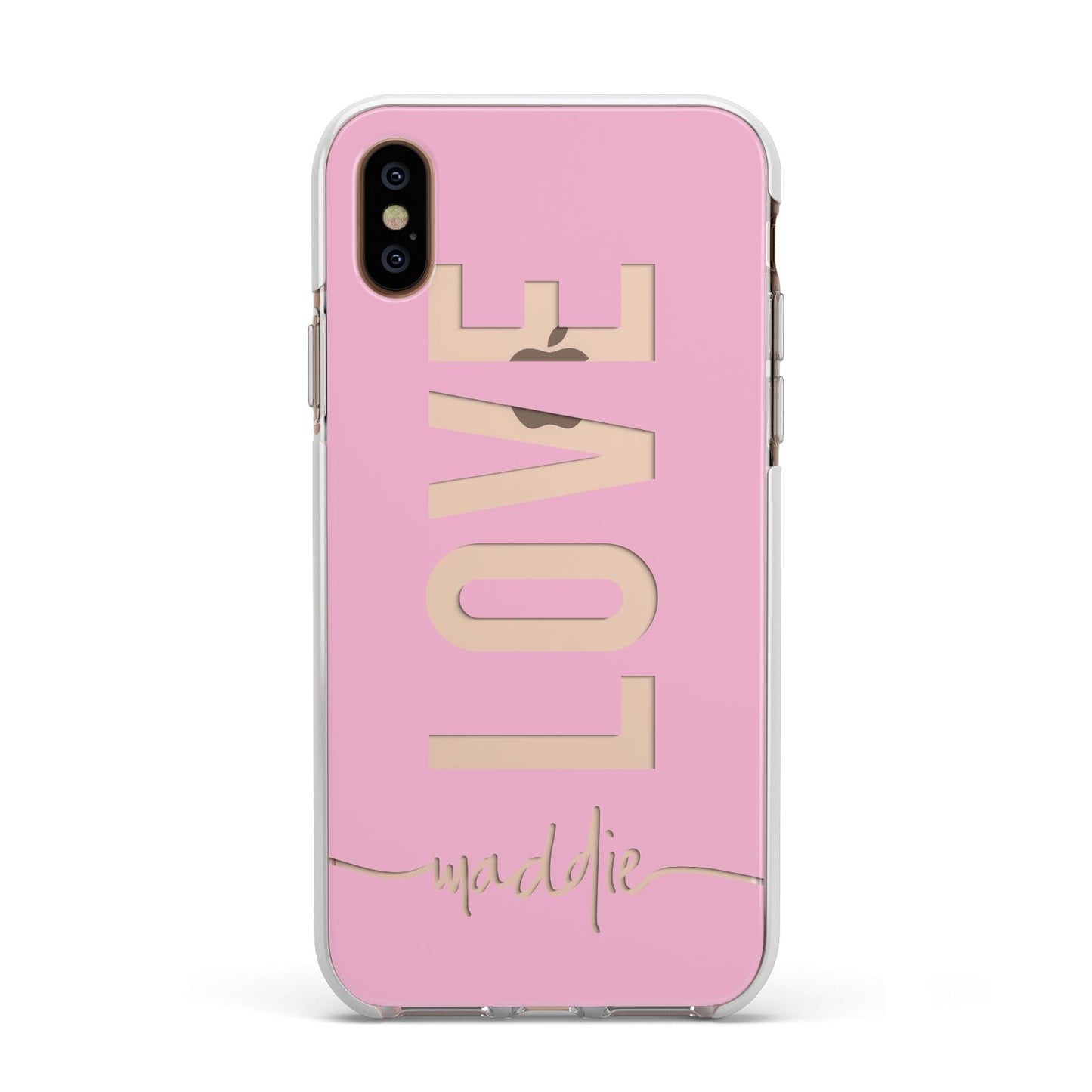 Personalised Love See Through Name Apple iPhone Xs Impact Case White Edge on Gold Phone