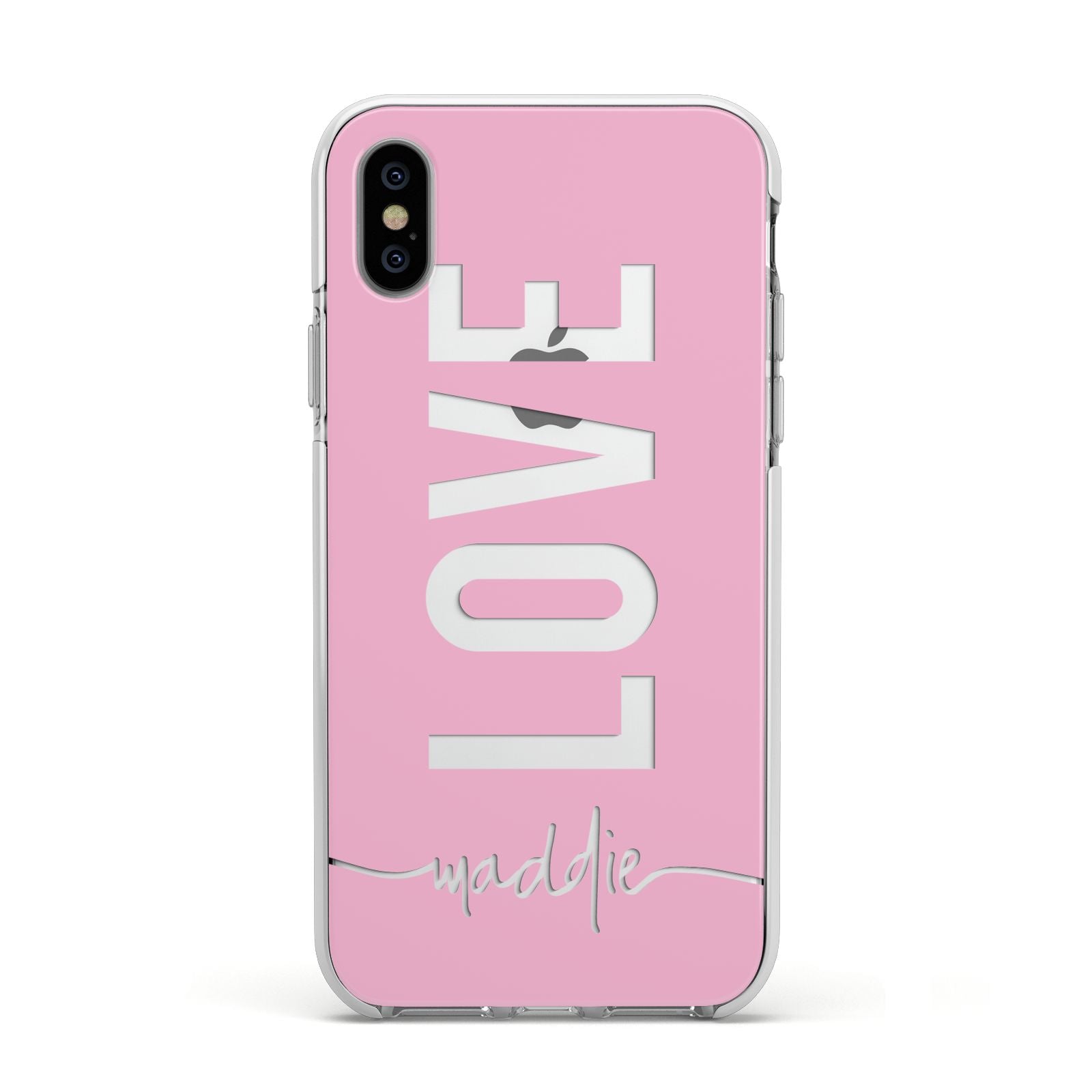Personalised Love See Through Name Apple iPhone Xs Impact Case White Edge on Silver Phone
