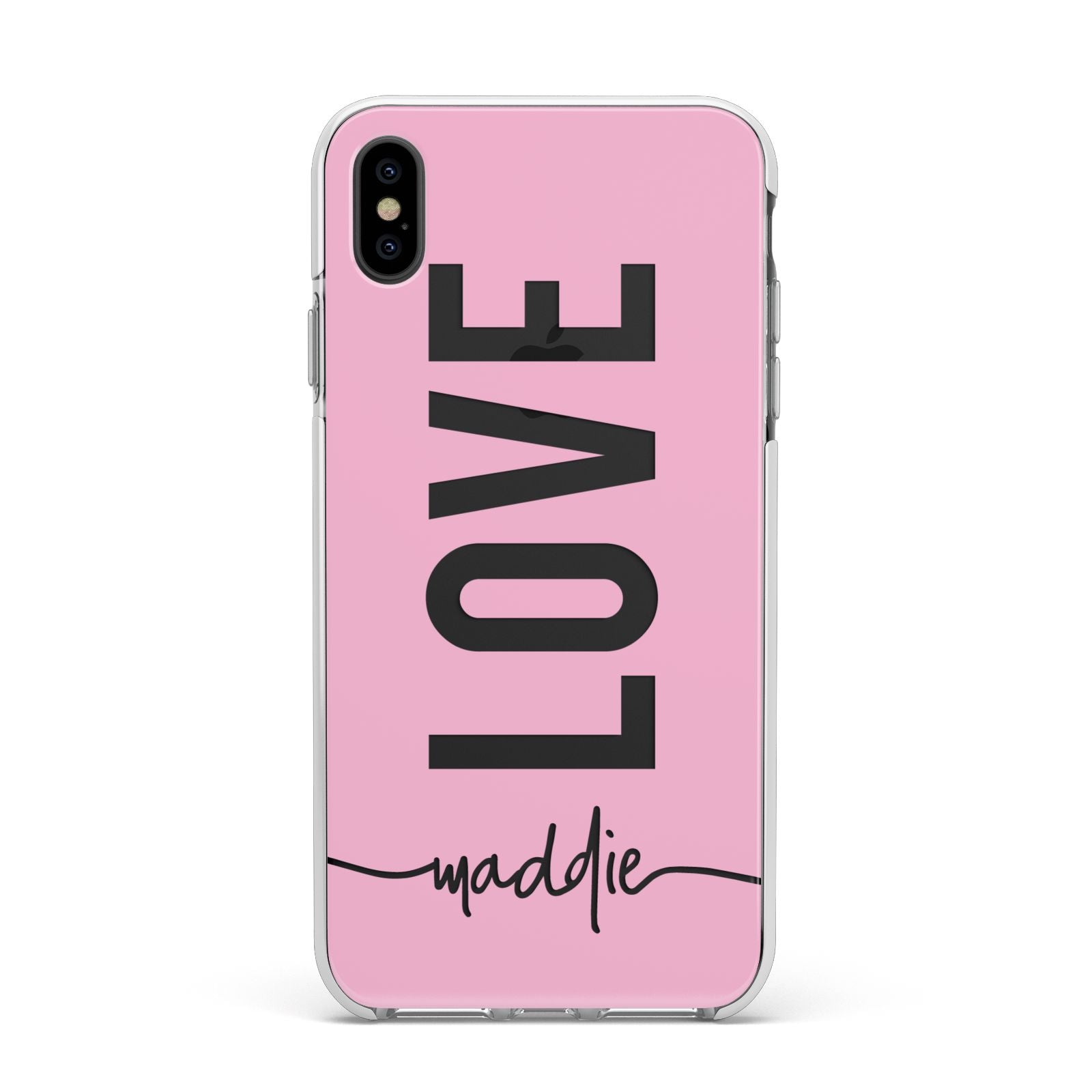 Personalised Love See Through Name Apple iPhone Xs Max Impact Case White Edge on Black Phone