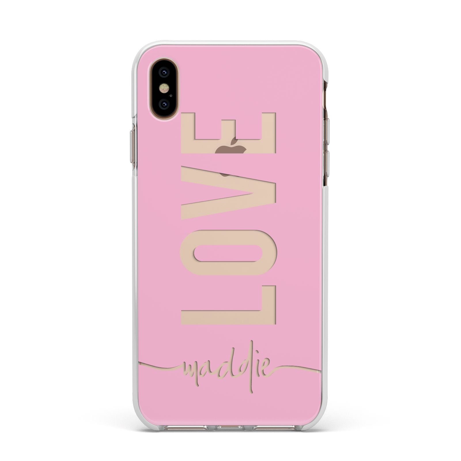 Personalised Love See Through Name Apple iPhone Xs Max Impact Case White Edge on Gold Phone