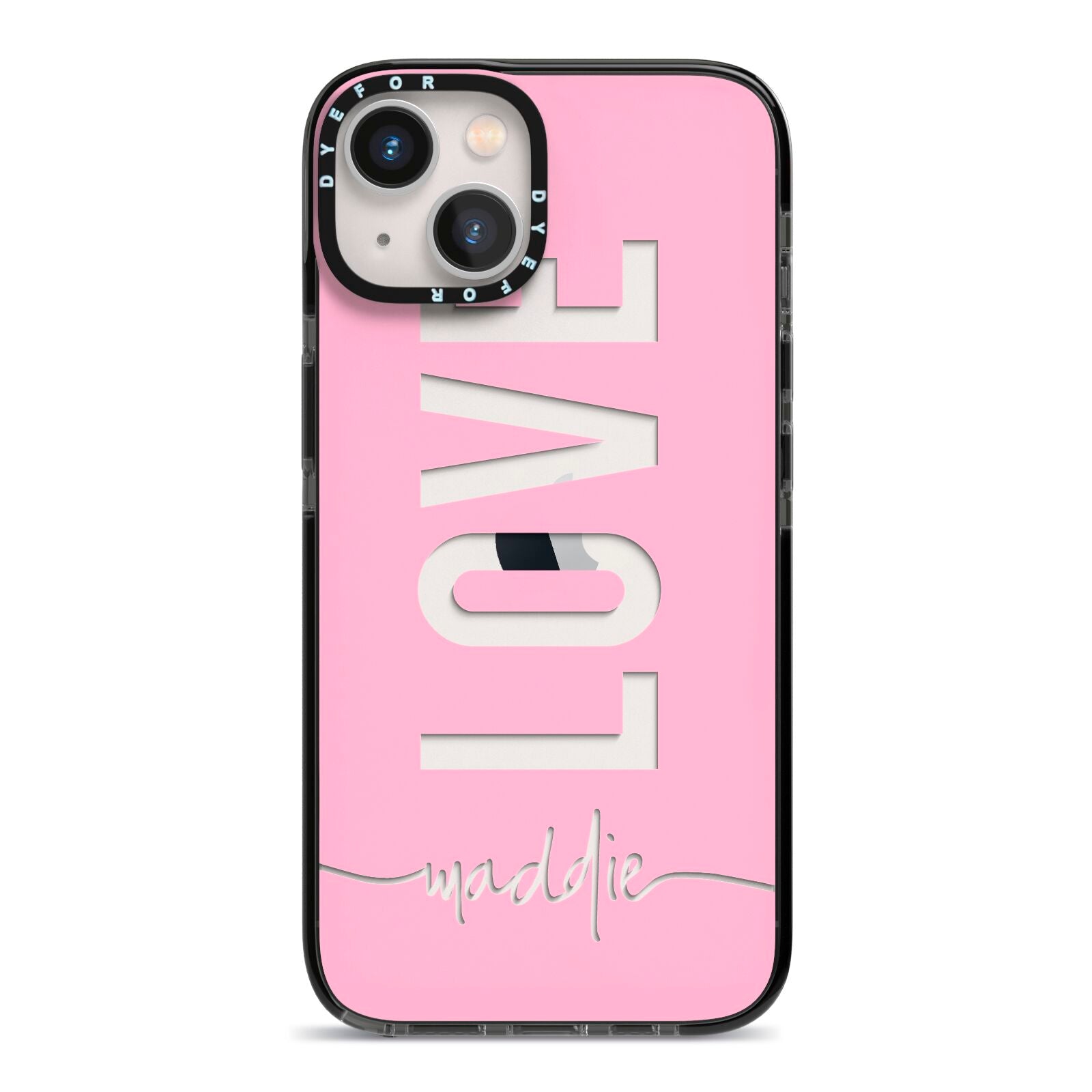 Personalised Love See Through Name iPhone 13 Black Impact Case on Silver phone