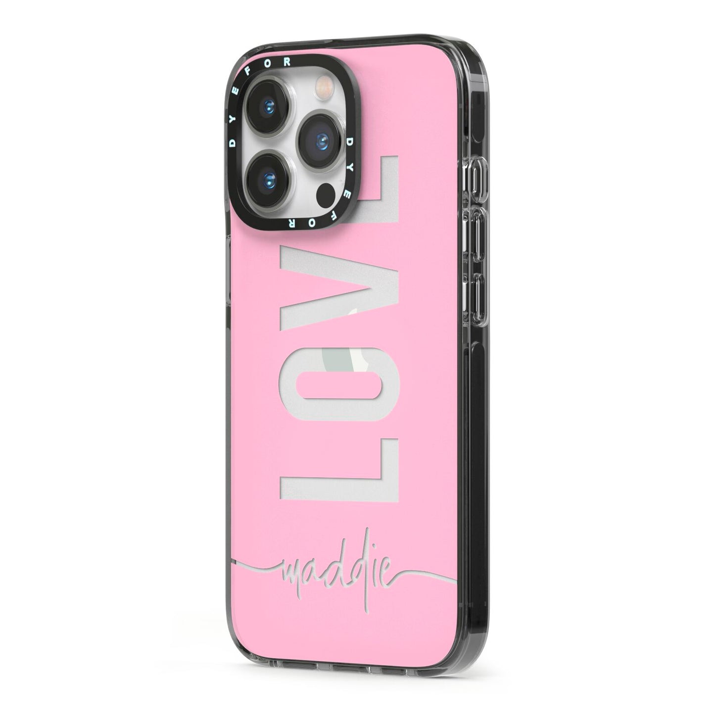 Personalised Love See Through Name iPhone 13 Pro Black Impact Case Side Angle on Silver phone