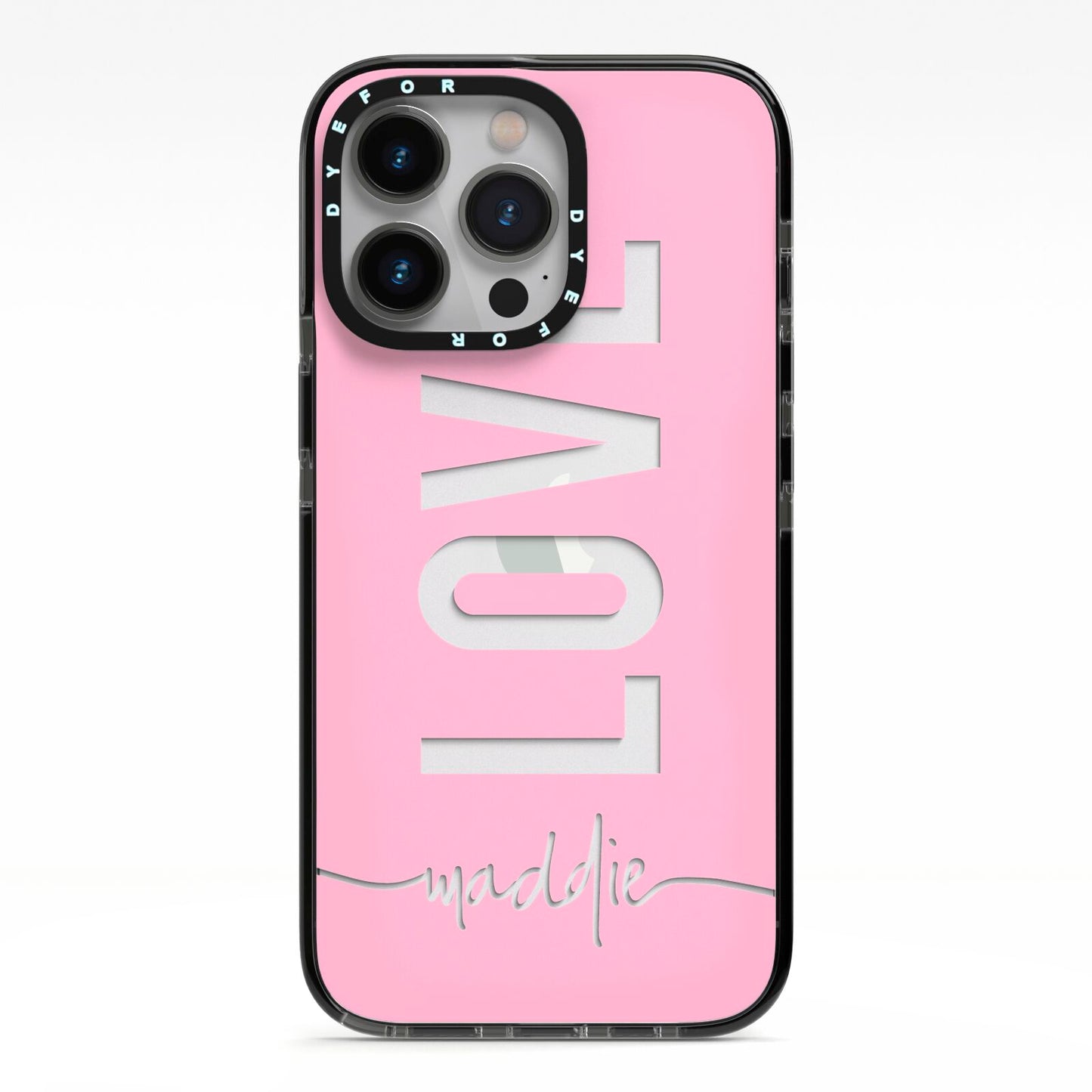 Personalised Love See Through Name iPhone 13 Pro Black Impact Case on Silver phone