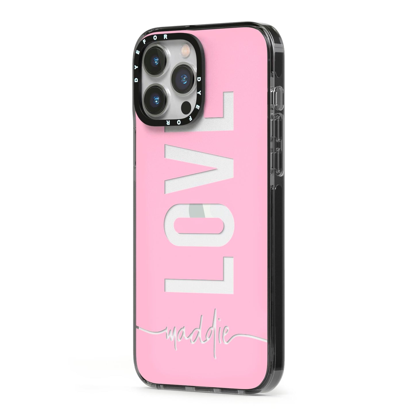 Personalised Love See Through Name iPhone 13 Pro Max Black Impact Case Side Angle on Silver phone