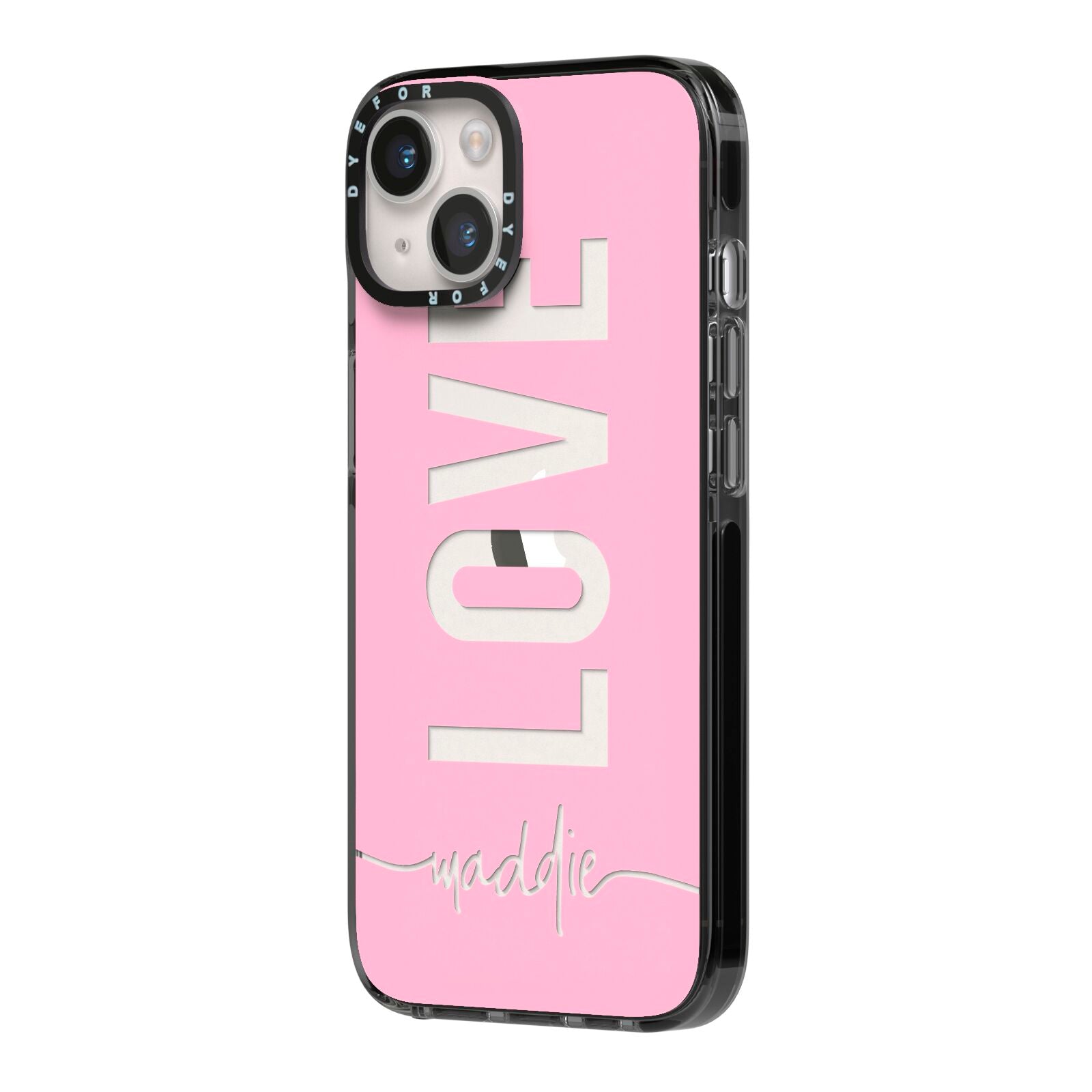 Personalised Love See Through Name iPhone 14 Black Impact Case Side Angle on Silver phone