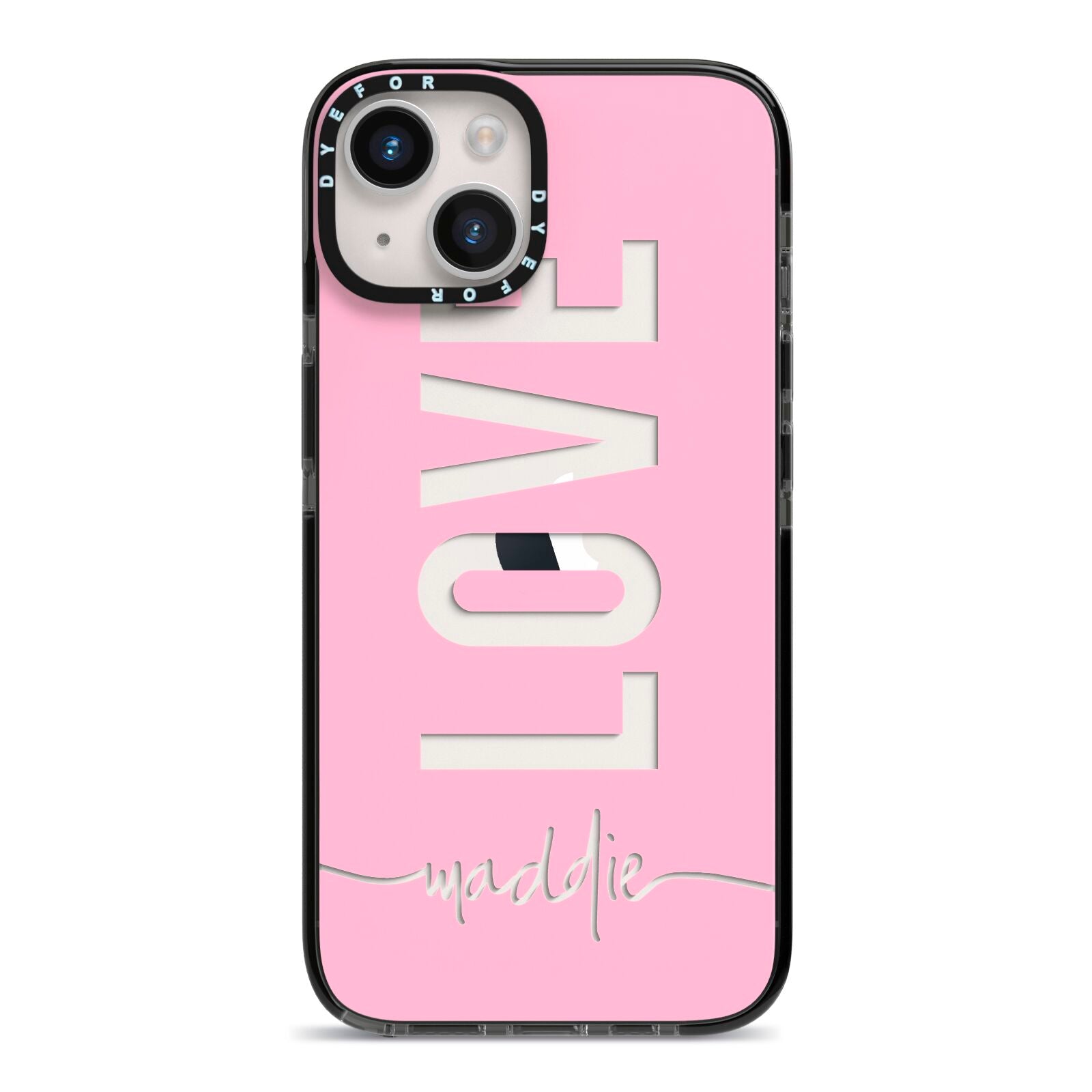 Personalised Love See Through Name iPhone 14 Black Impact Case on Silver phone