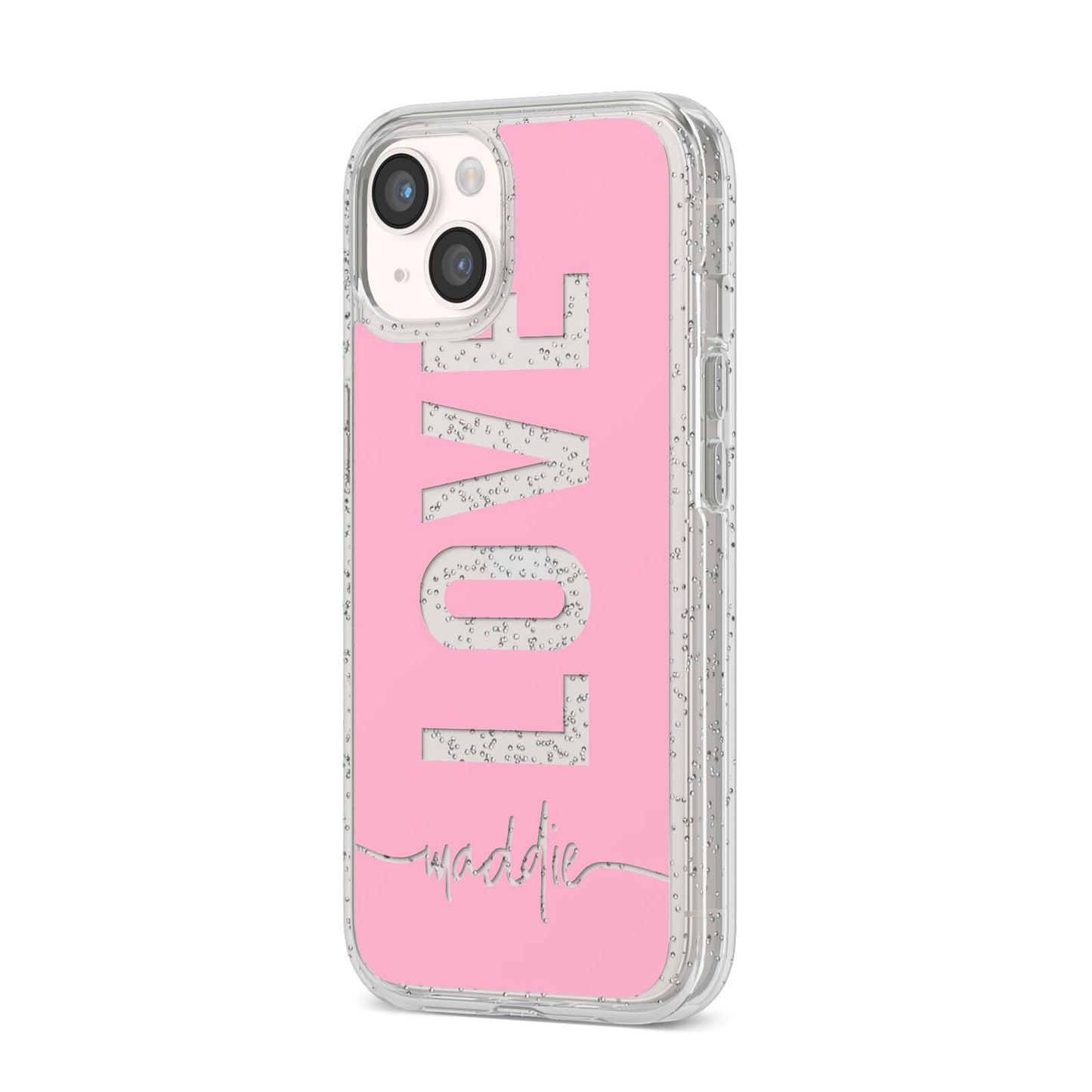 Personalised Love See Through Name iPhone 14 Glitter Tough Case Starlight Angled Image