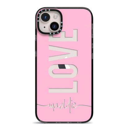 Personalised Love See Through Name iPhone 14 Plus Black Impact Case on Silver phone