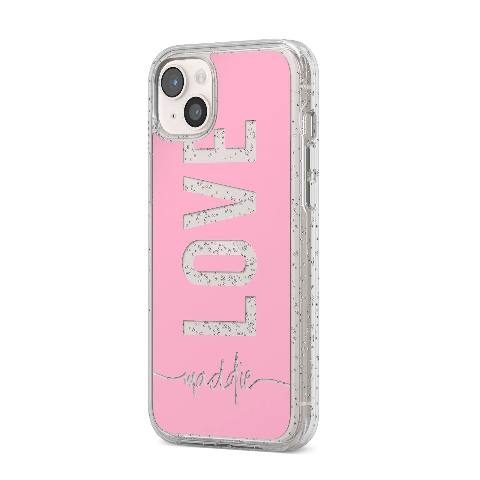 Personalised Love See Through Name iPhone 14 Plus Glitter Tough Case Starlight Angled Image