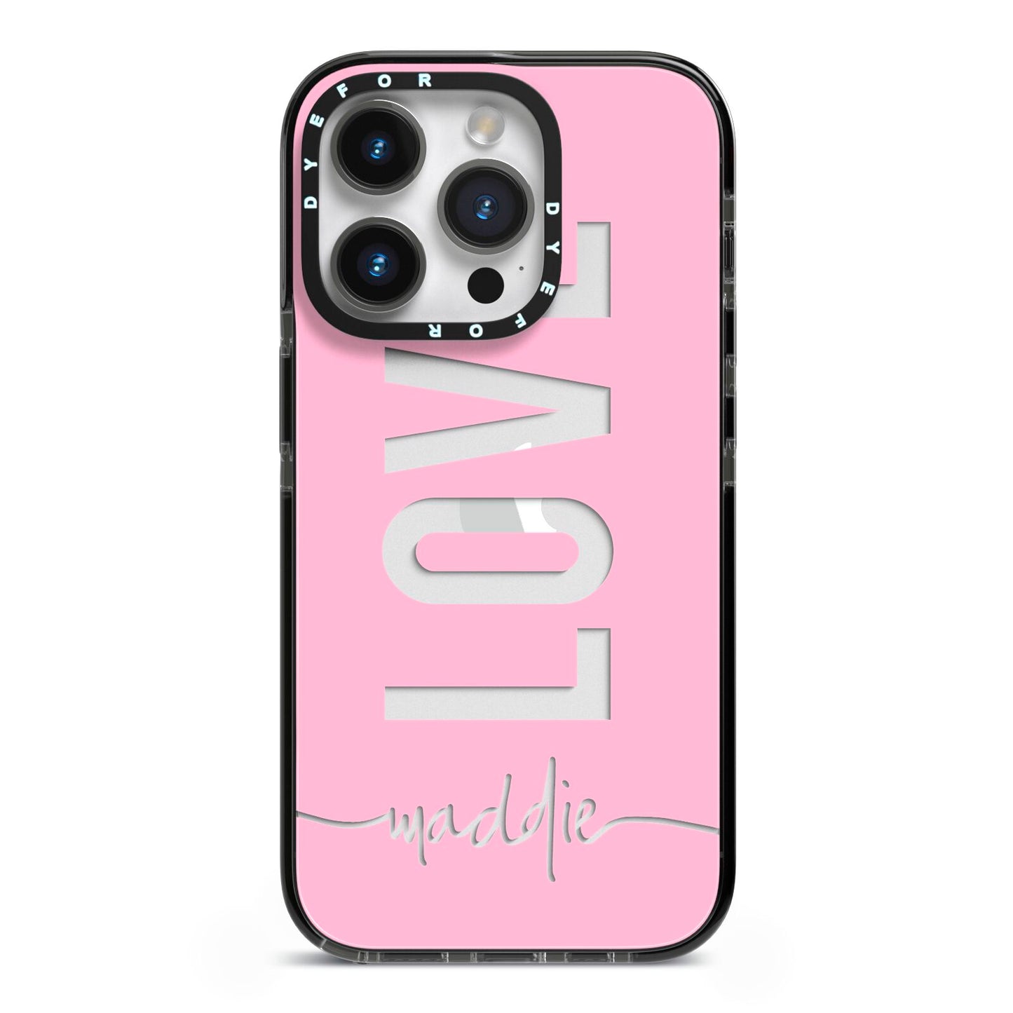 Personalised Love See Through Name iPhone 14 Pro Black Impact Case on Silver phone