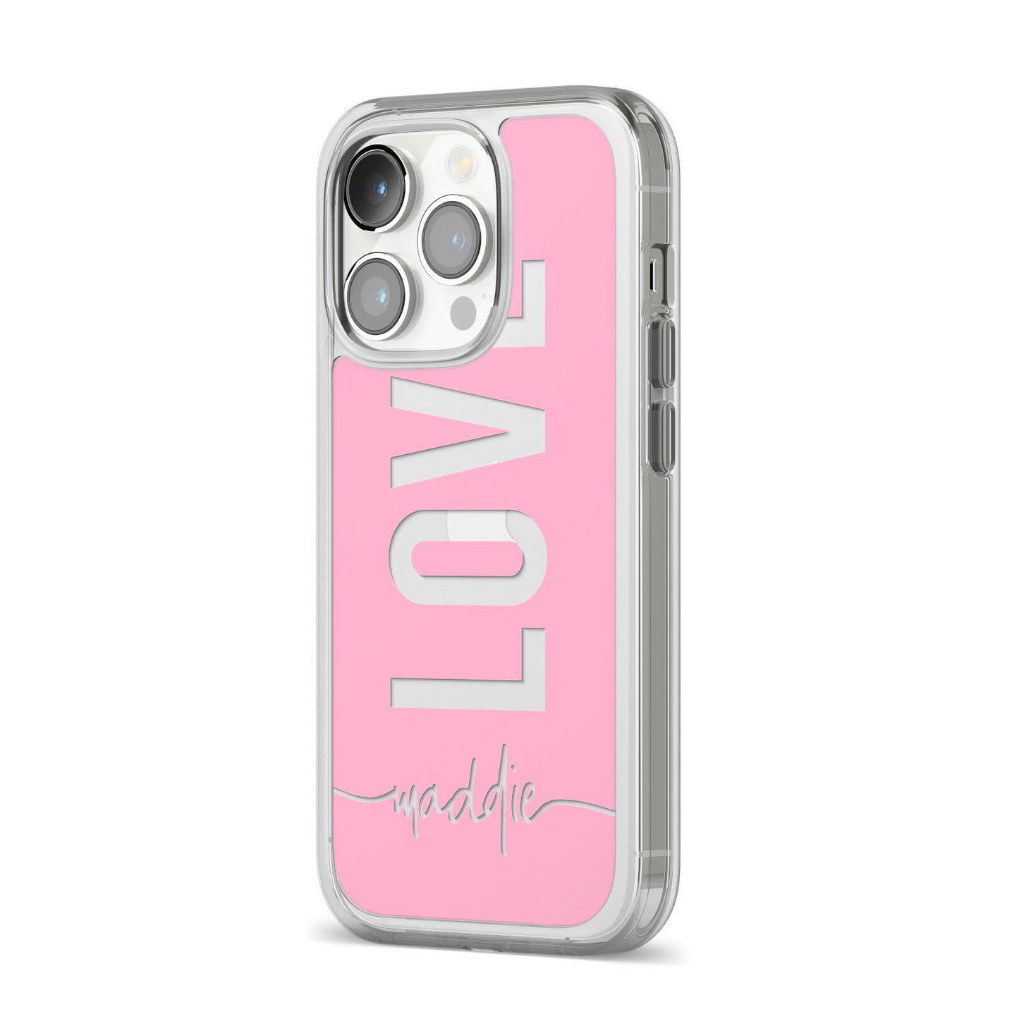 Personalised Love See Through Name iPhone 14 Pro Clear Tough Case Silver Angled Image