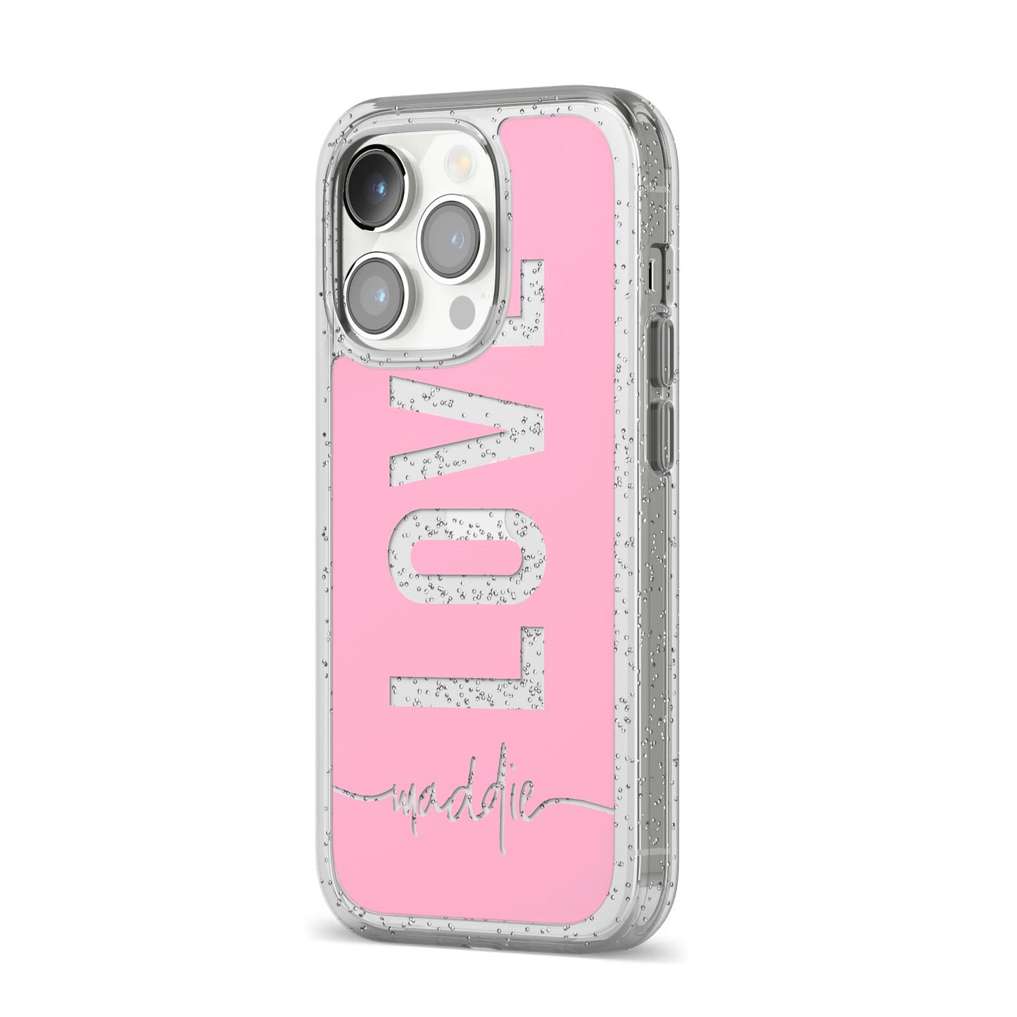 Personalised Love See Through Name iPhone 14 Pro Glitter Tough Case Silver Angled Image