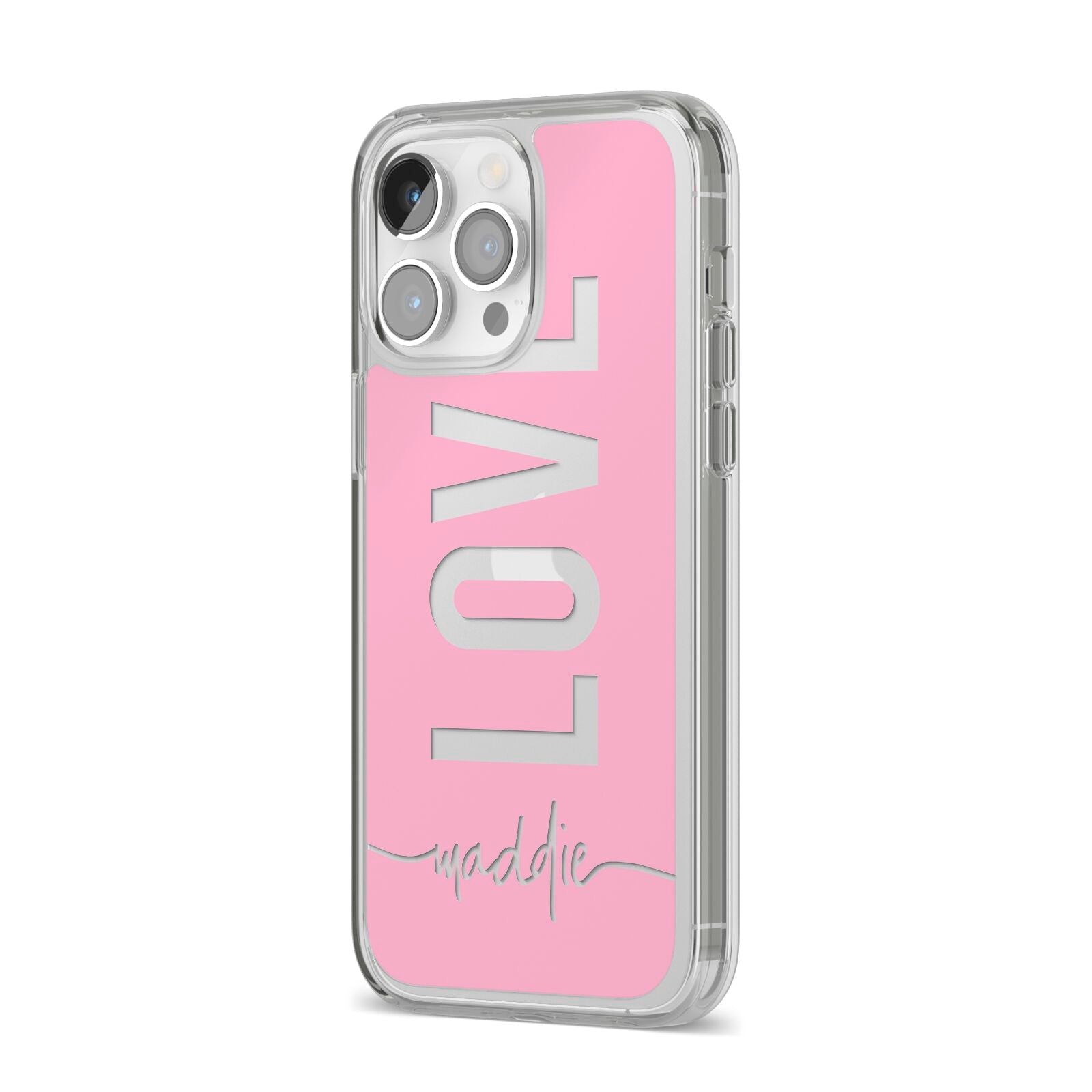 Personalised Love See Through Name iPhone 14 Pro Max Clear Tough Case Silver Angled Image