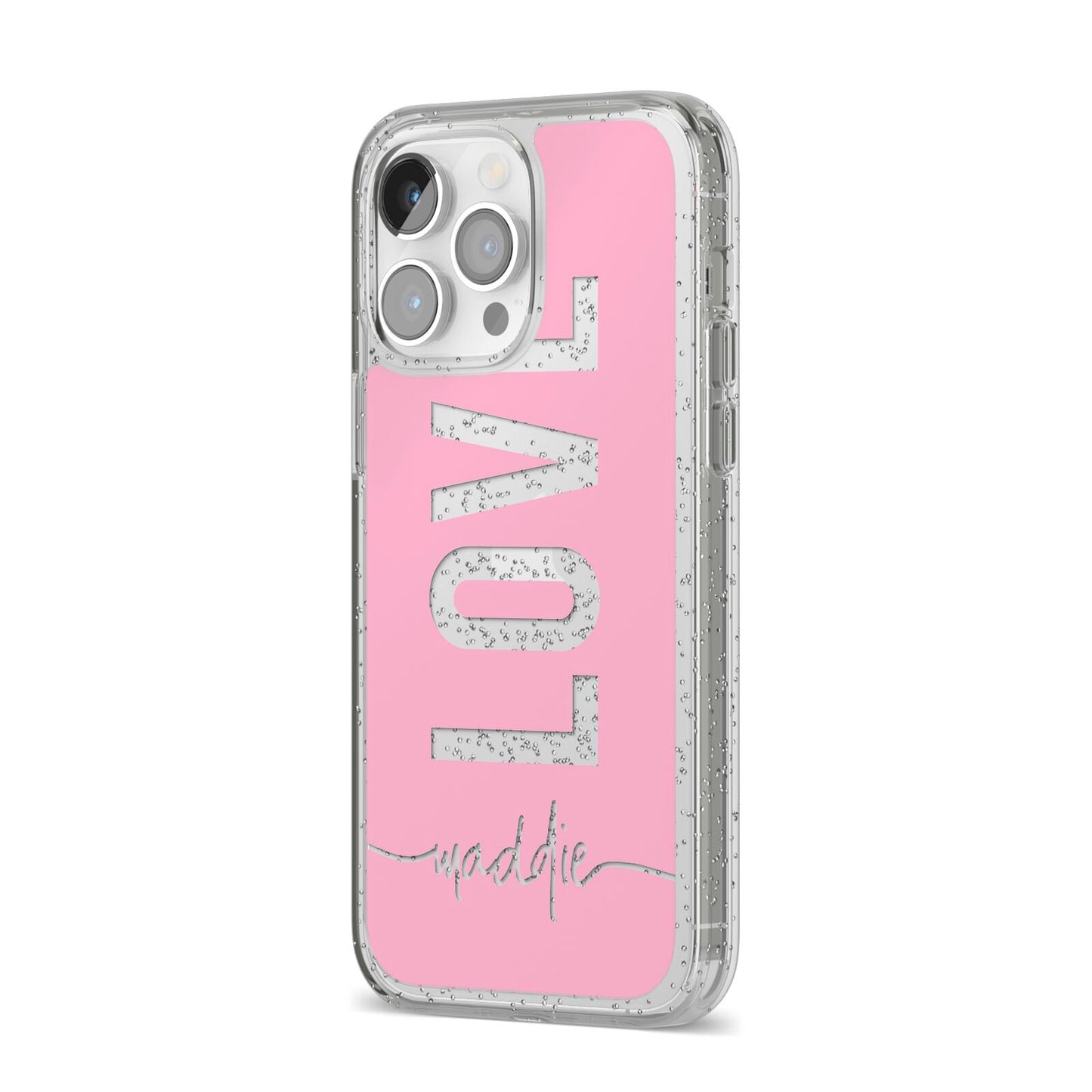 Personalised Love See Through Name iPhone 14 Pro Max Glitter Tough Case Silver Angled Image