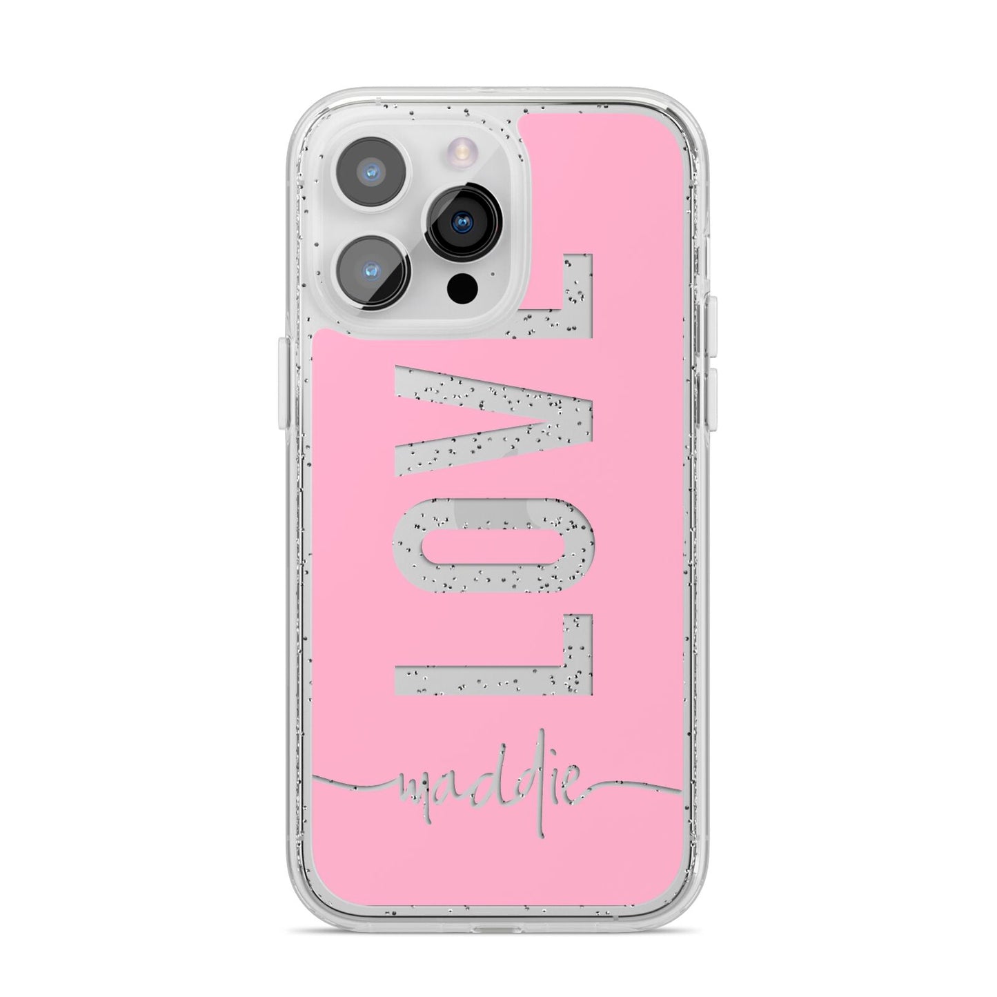 Personalised Love See Through Name iPhone 14 Pro Max Glitter Tough Case Silver