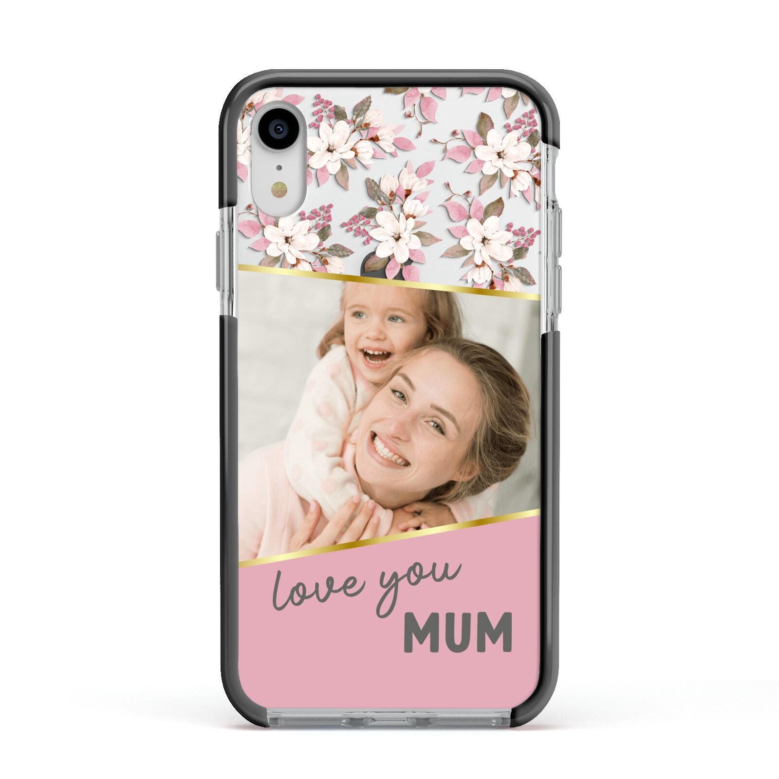 Personalised Love You Mum Apple iPhone XR Impact Case Black Edge on Silver Phone