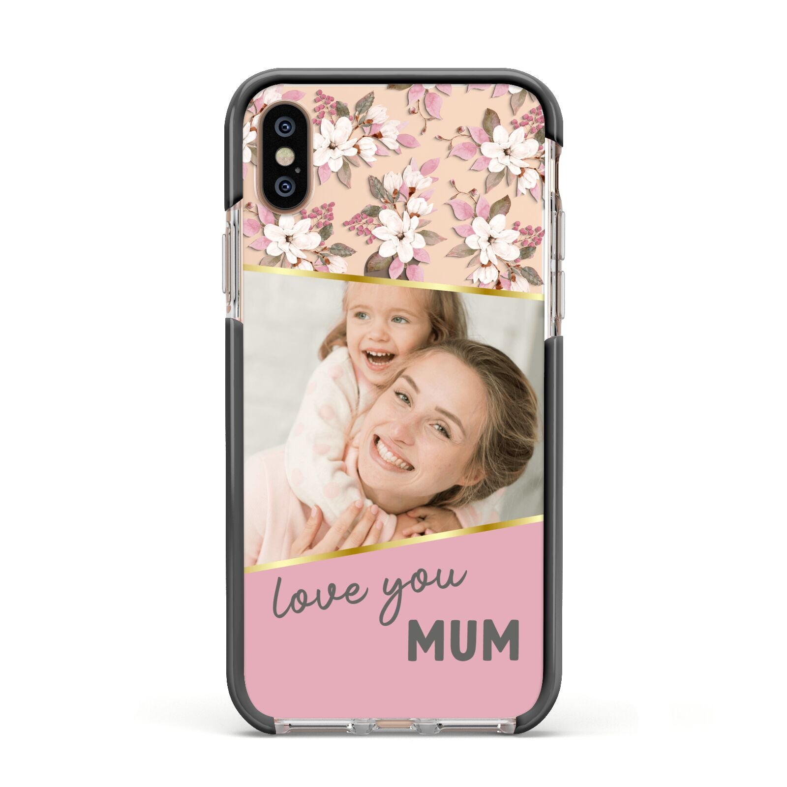 Personalised Love You Mum Apple iPhone Xs Impact Case Black Edge on Gold Phone