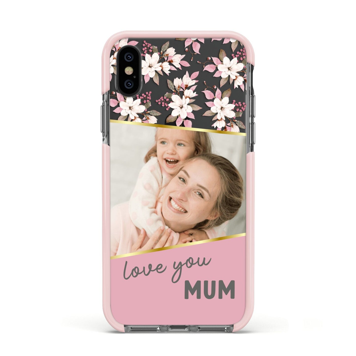 Personalised Love You Mum Apple iPhone Xs Impact Case Pink Edge on Black Phone