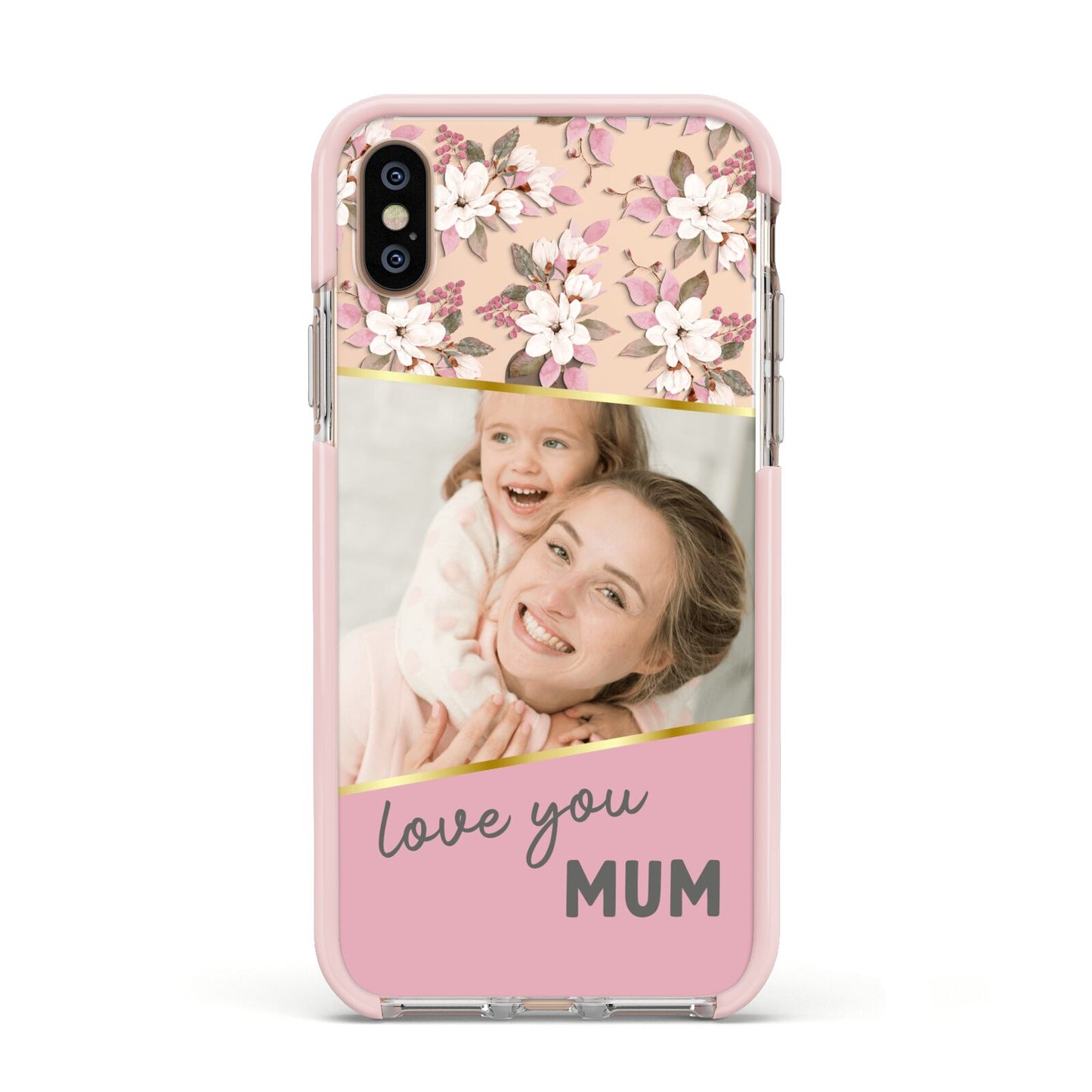 Personalised Love You Mum Apple iPhone Xs Impact Case Pink Edge on Gold Phone