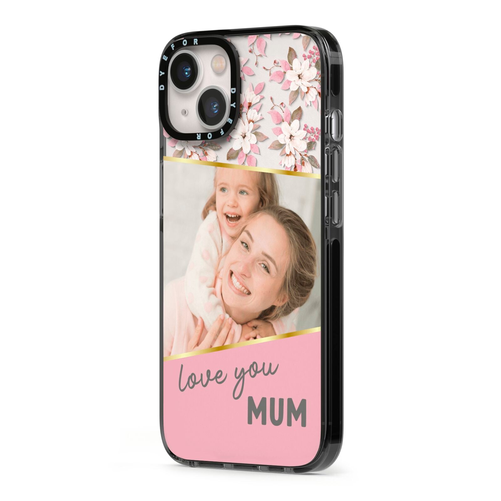 Personalised Love You Mum iPhone 13 Black Impact Case Side Angle on Silver phone