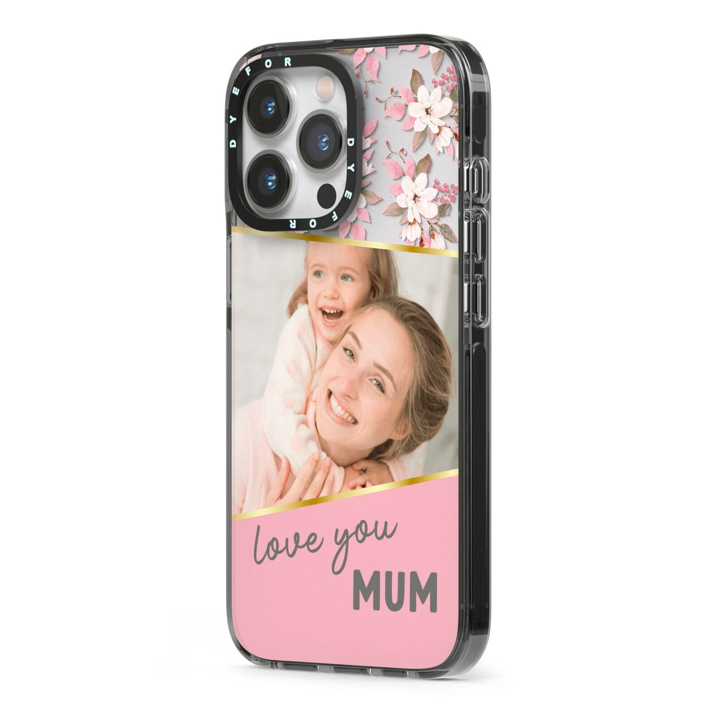 Personalised Love You Mum iPhone 13 Pro Black Impact Case Side Angle on Silver phone