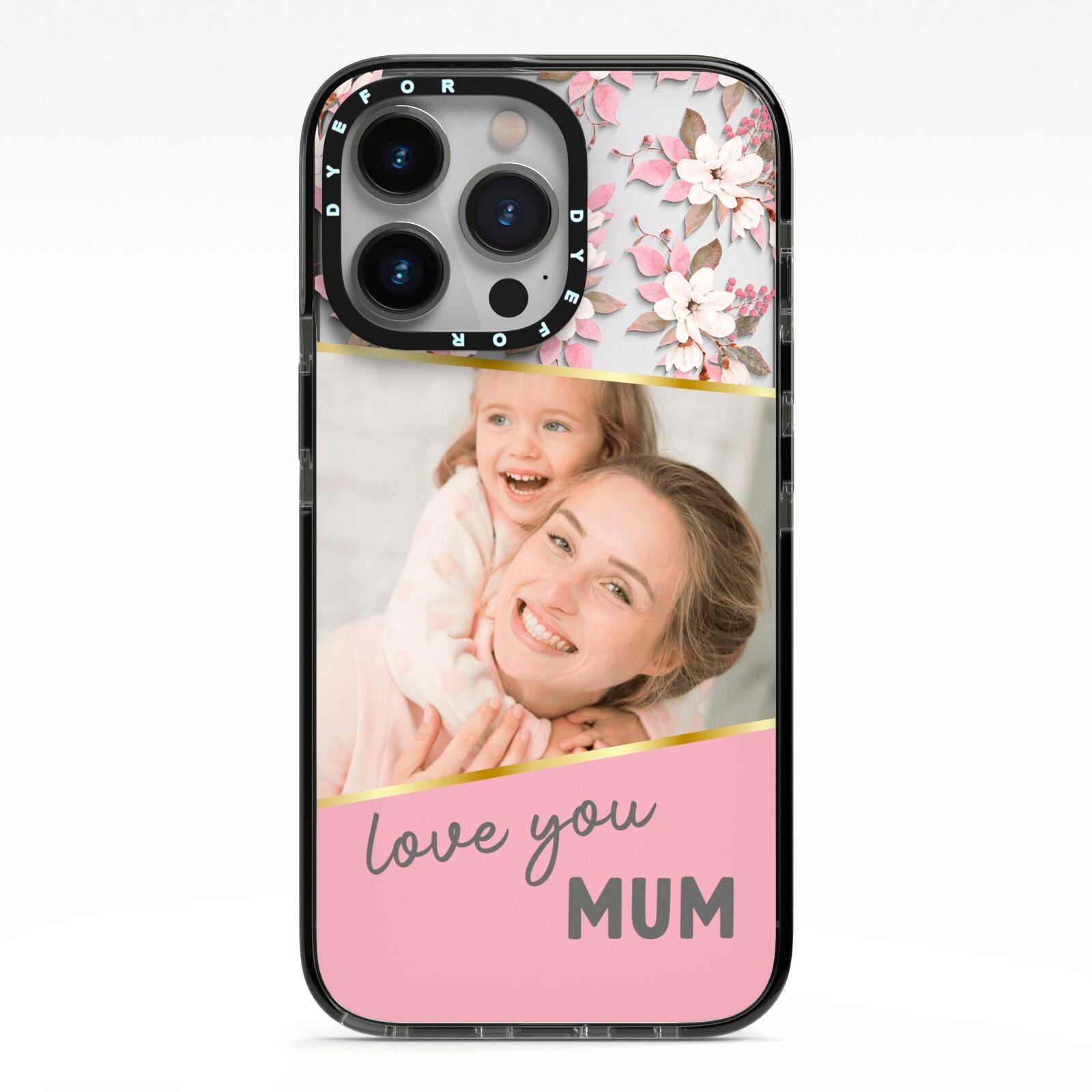 Personalised Love You Mum iPhone 13 Pro Black Impact Case on Silver phone