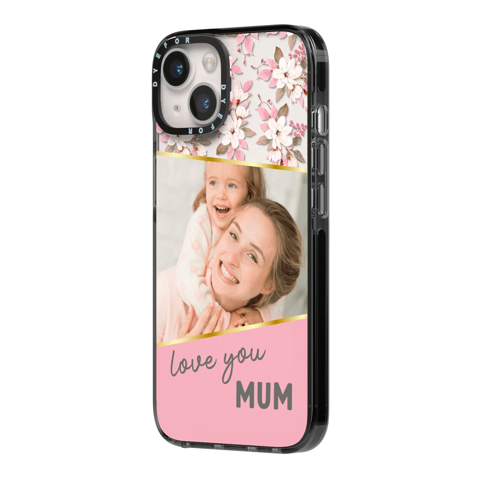 Personalised Love You Mum iPhone 14 Black Impact Case Side Angle on Silver phone