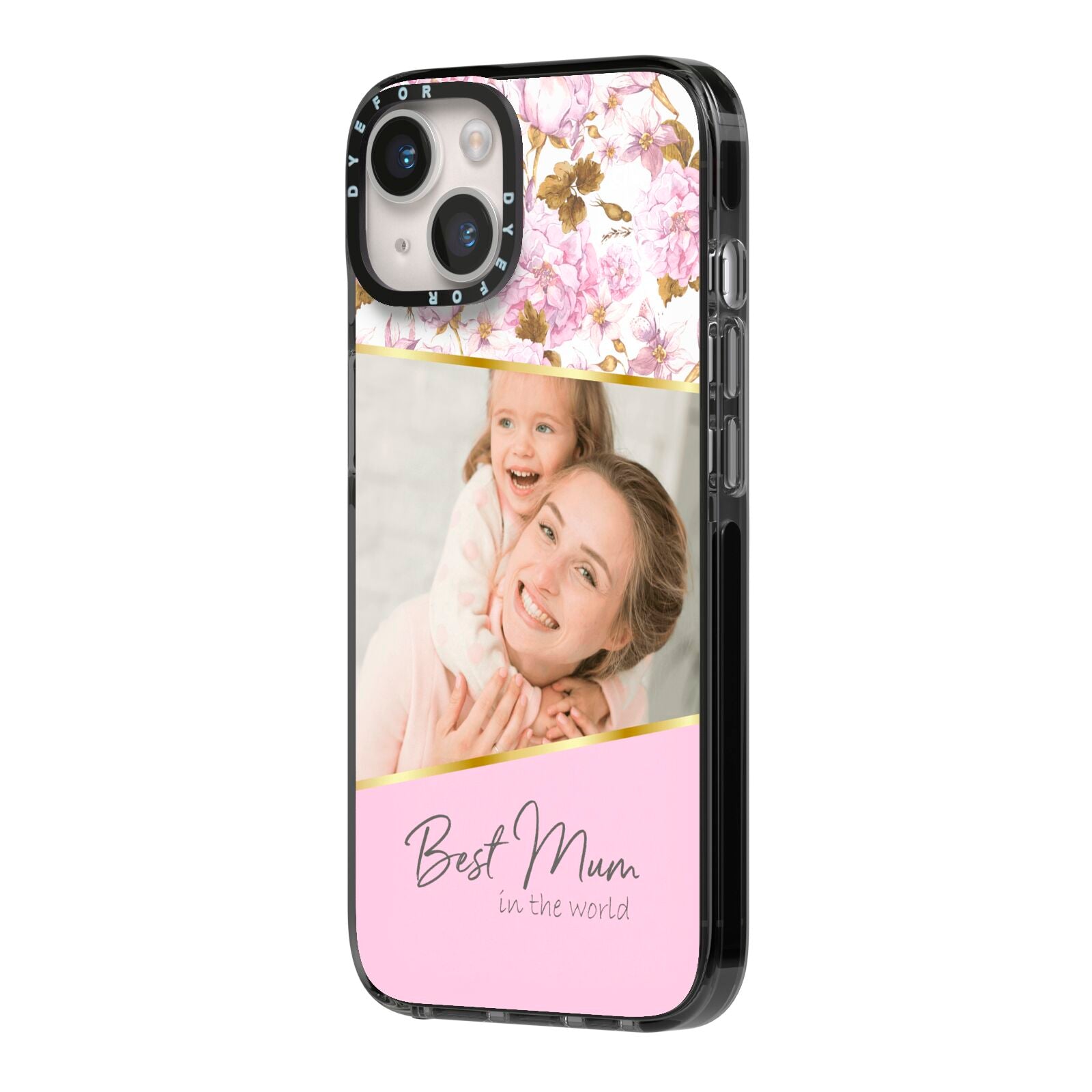 Personalised Love You Mum iPhone 14 Black Impact Case Side Angle on Silver phone