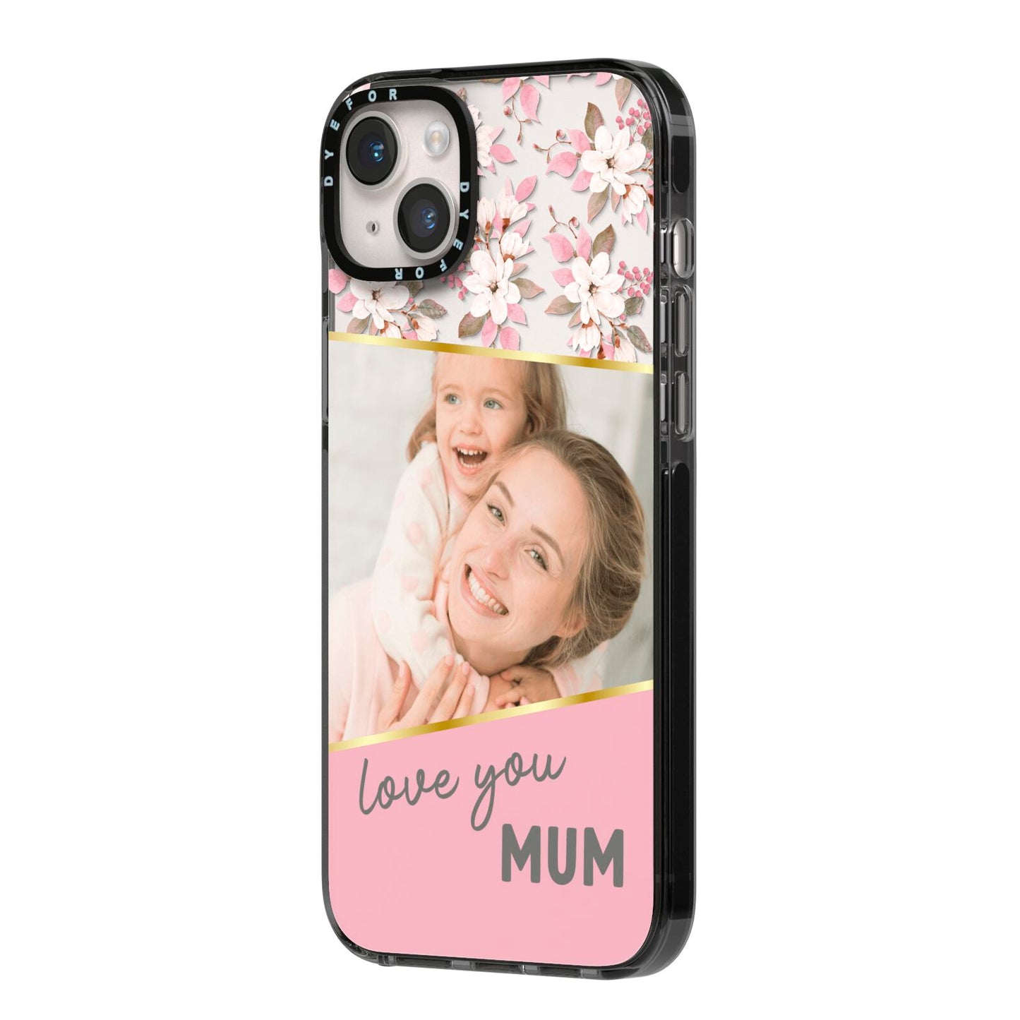Personalised Love You Mum iPhone 14 Plus Black Impact Case Side Angle on Silver phone