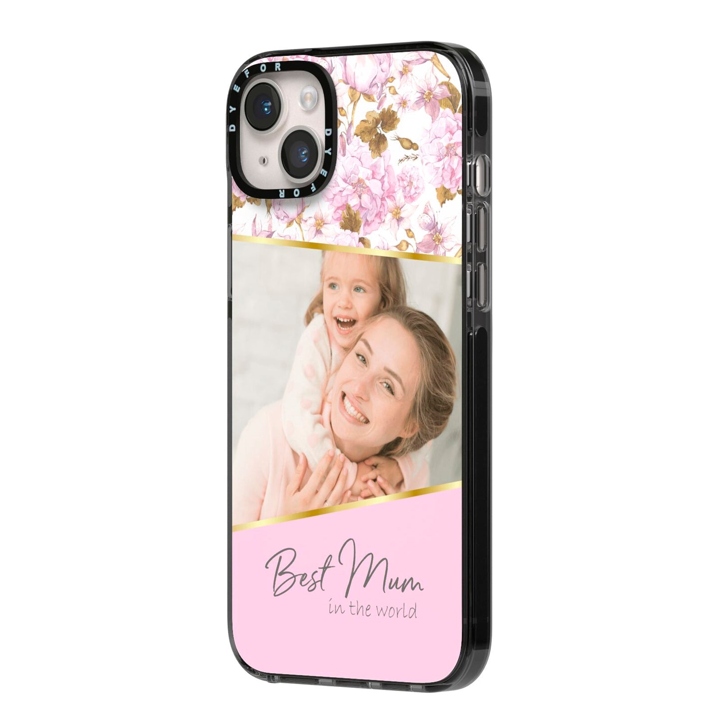 Personalised Love You Mum iPhone 14 Plus Black Impact Case Side Angle on Silver phone