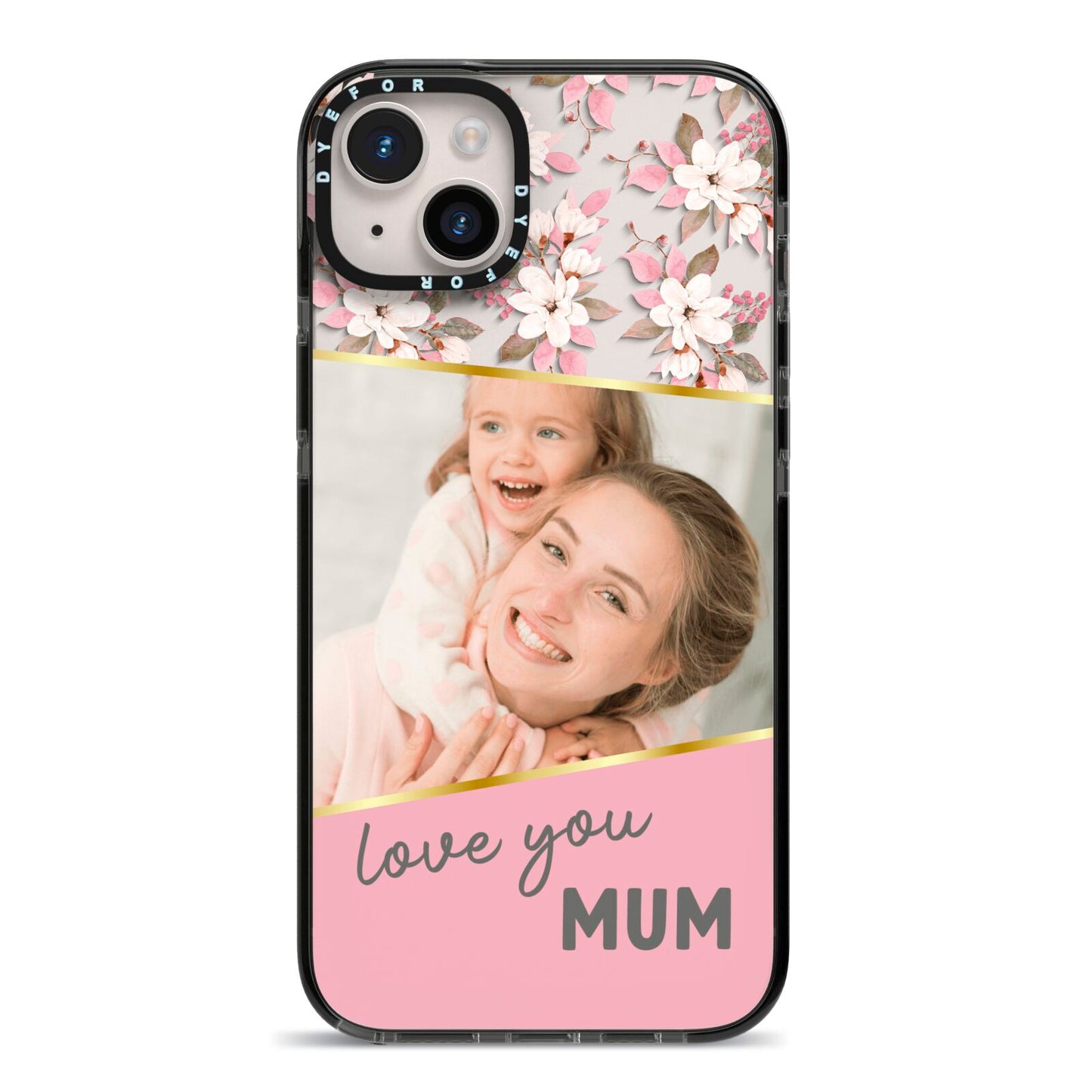 Personalised Love You Mum iPhone 14 Plus Black Impact Case on Silver phone