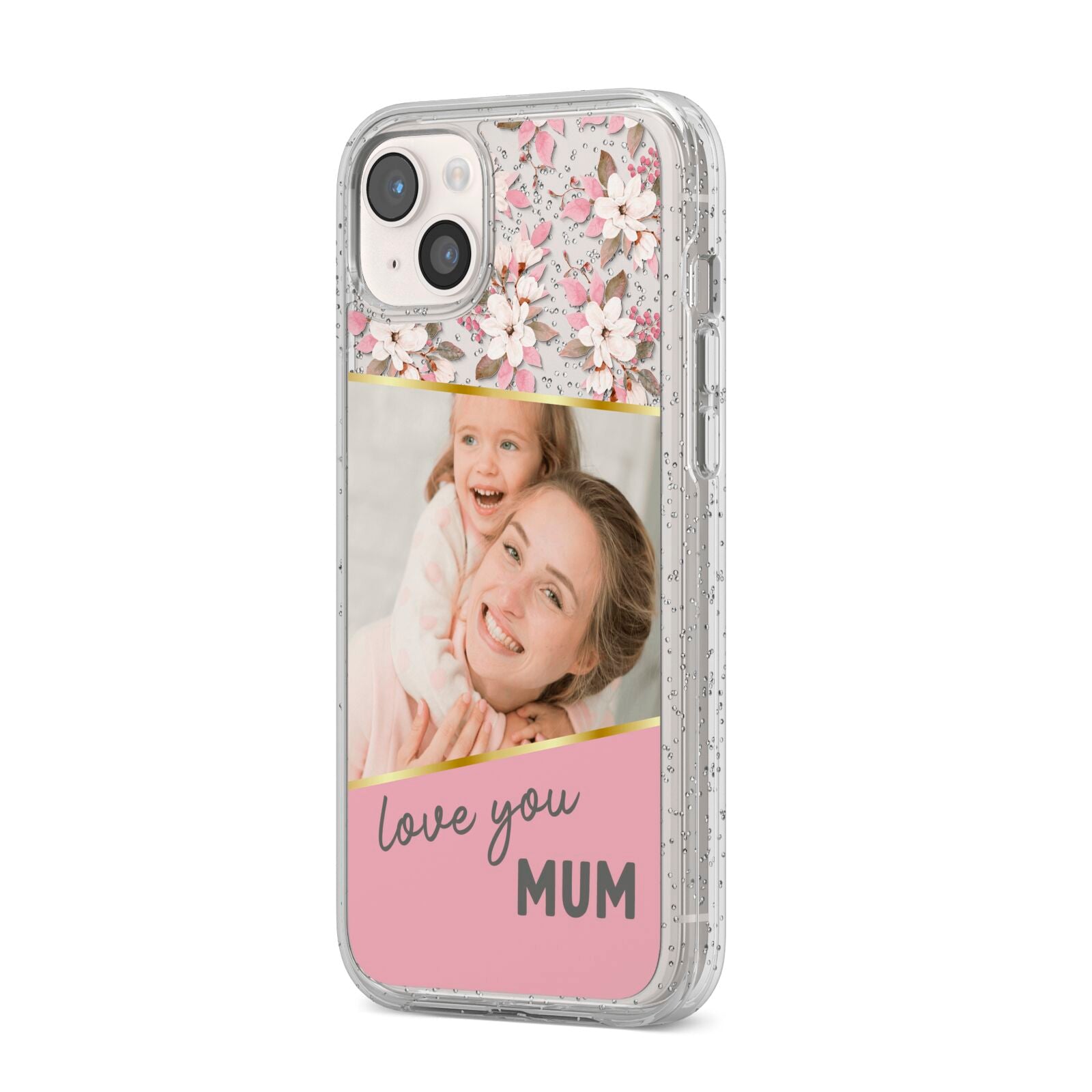 Personalised Love You Mum iPhone 14 Plus Glitter Tough Case Starlight Angled Image