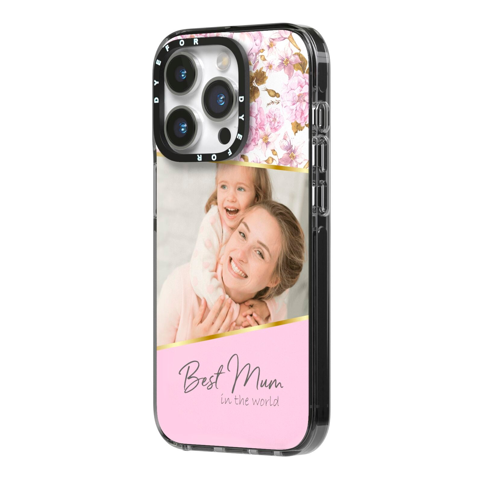 Personalised Love You Mum iPhone 14 Pro Black Impact Case Side Angle on Silver phone
