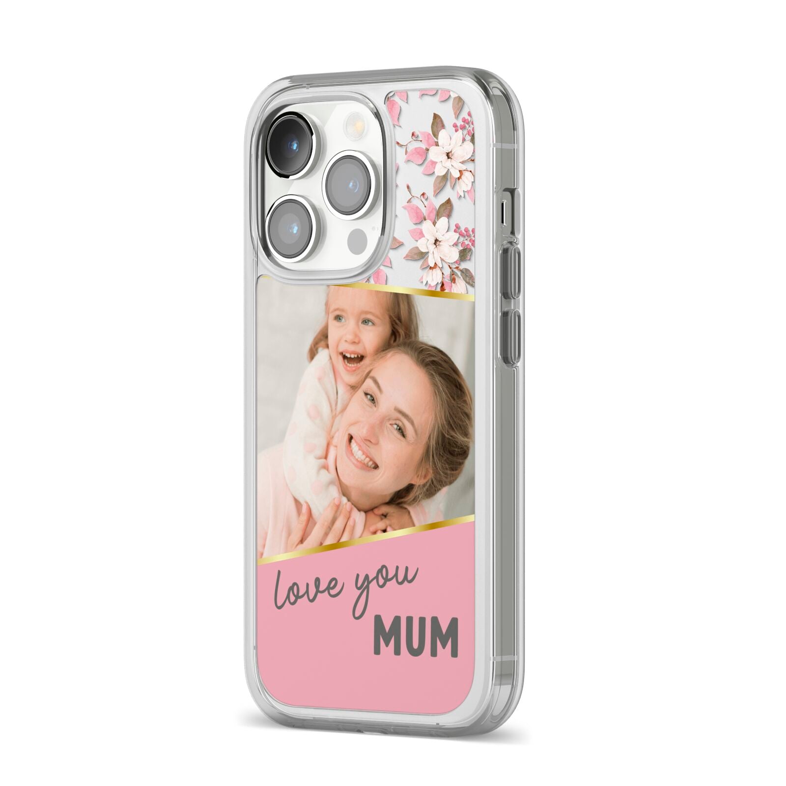 Personalised Love You Mum iPhone 14 Pro Clear Tough Case Silver Angled Image