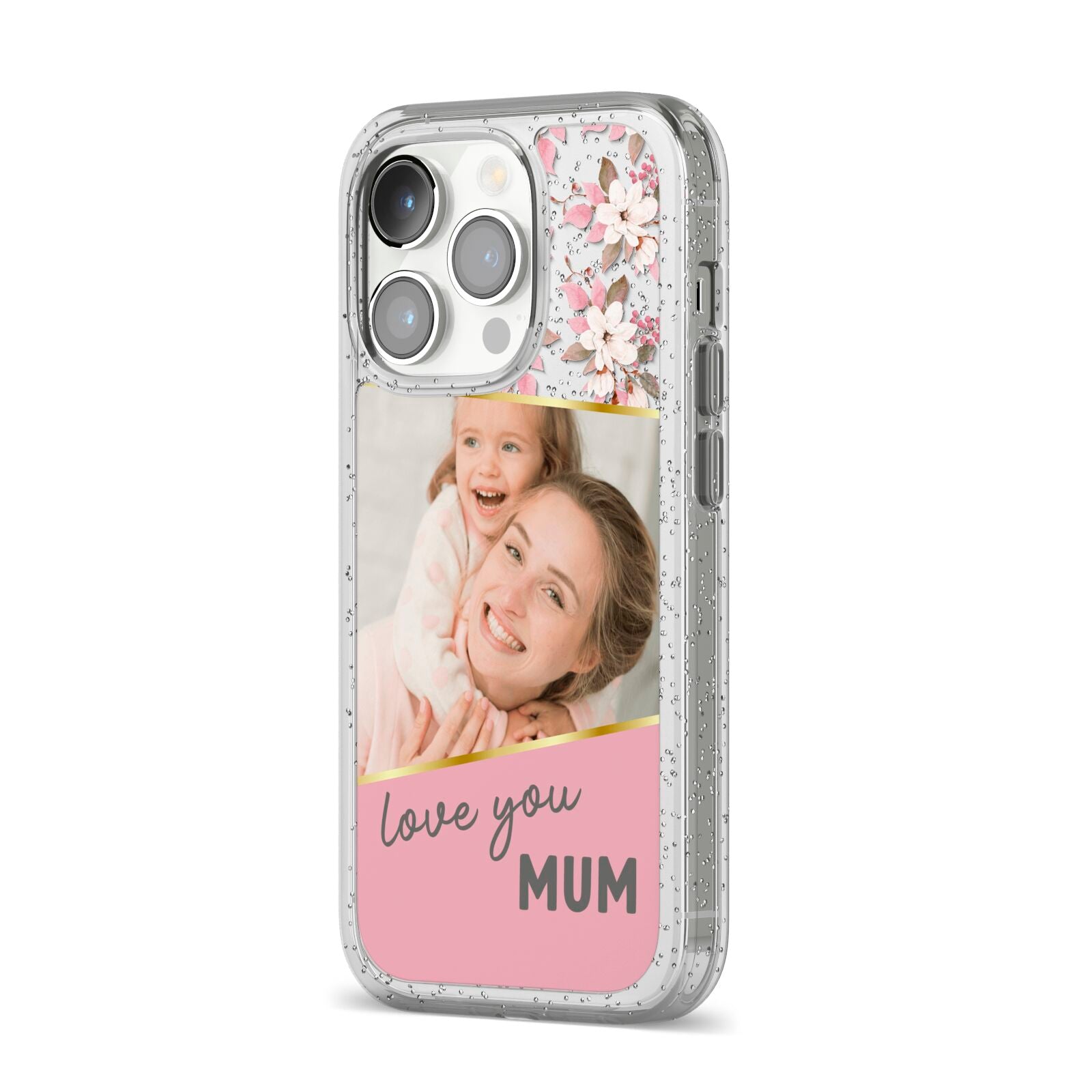 Personalised Love You Mum iPhone 14 Pro Glitter Tough Case Silver Angled Image