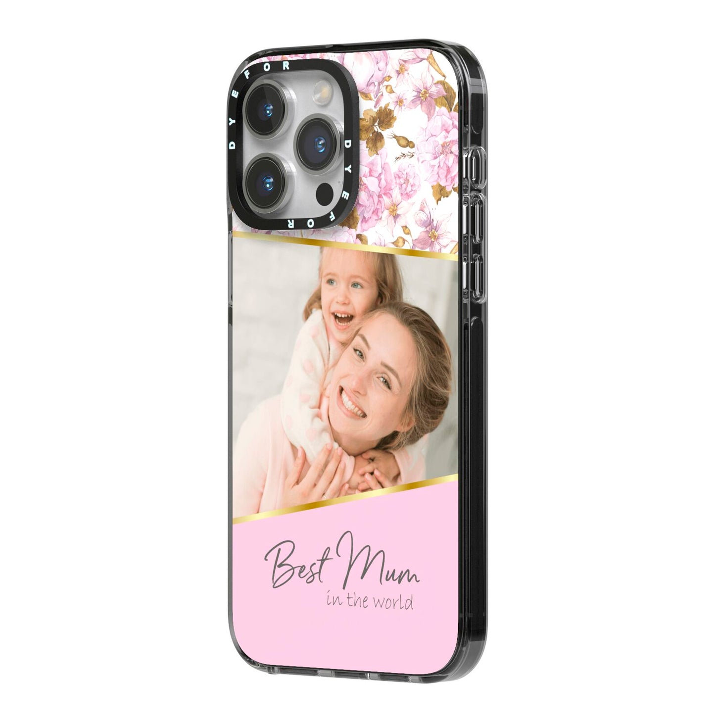 Personalised Love You Mum iPhone 14 Pro Max Black Impact Case Side Angle on Silver phone