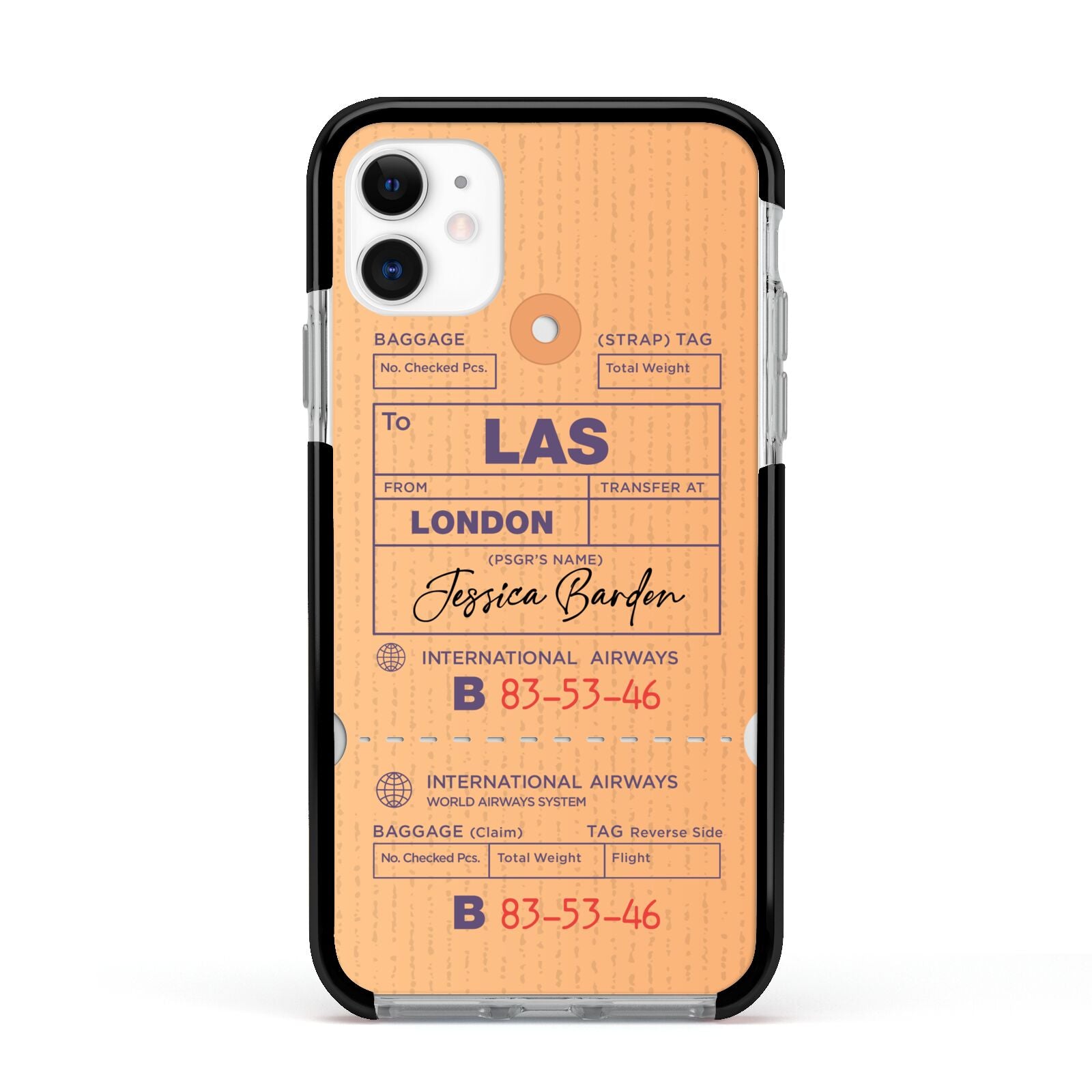 Personalised Luggage Tag Apple iPhone 11 in White with Black Impact Case