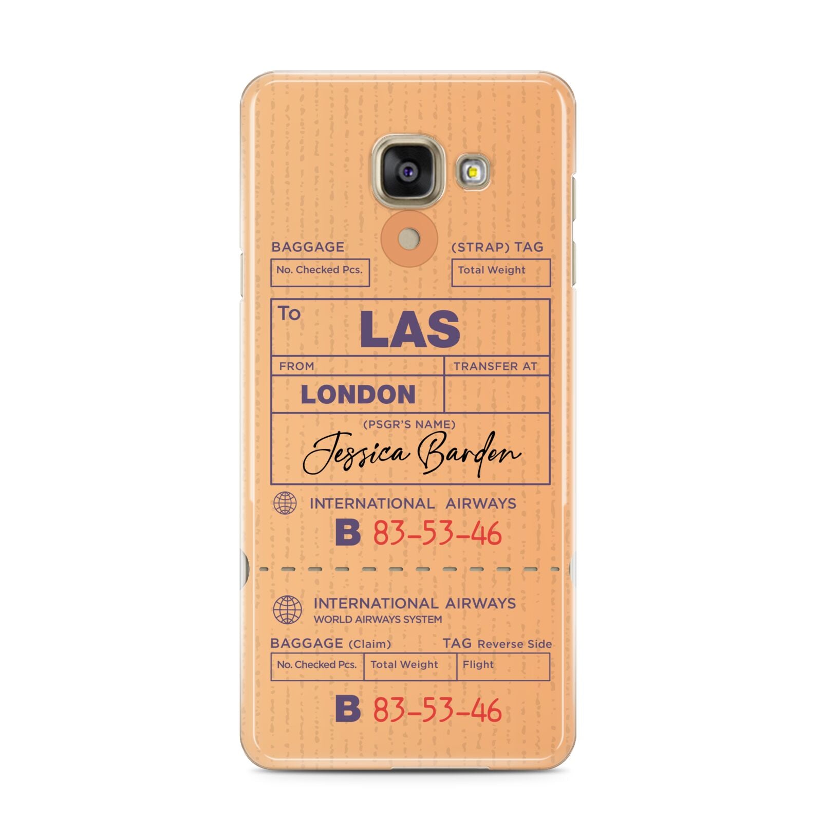 Personalised Luggage Tag Samsung Galaxy A3 2016 Case on gold phone